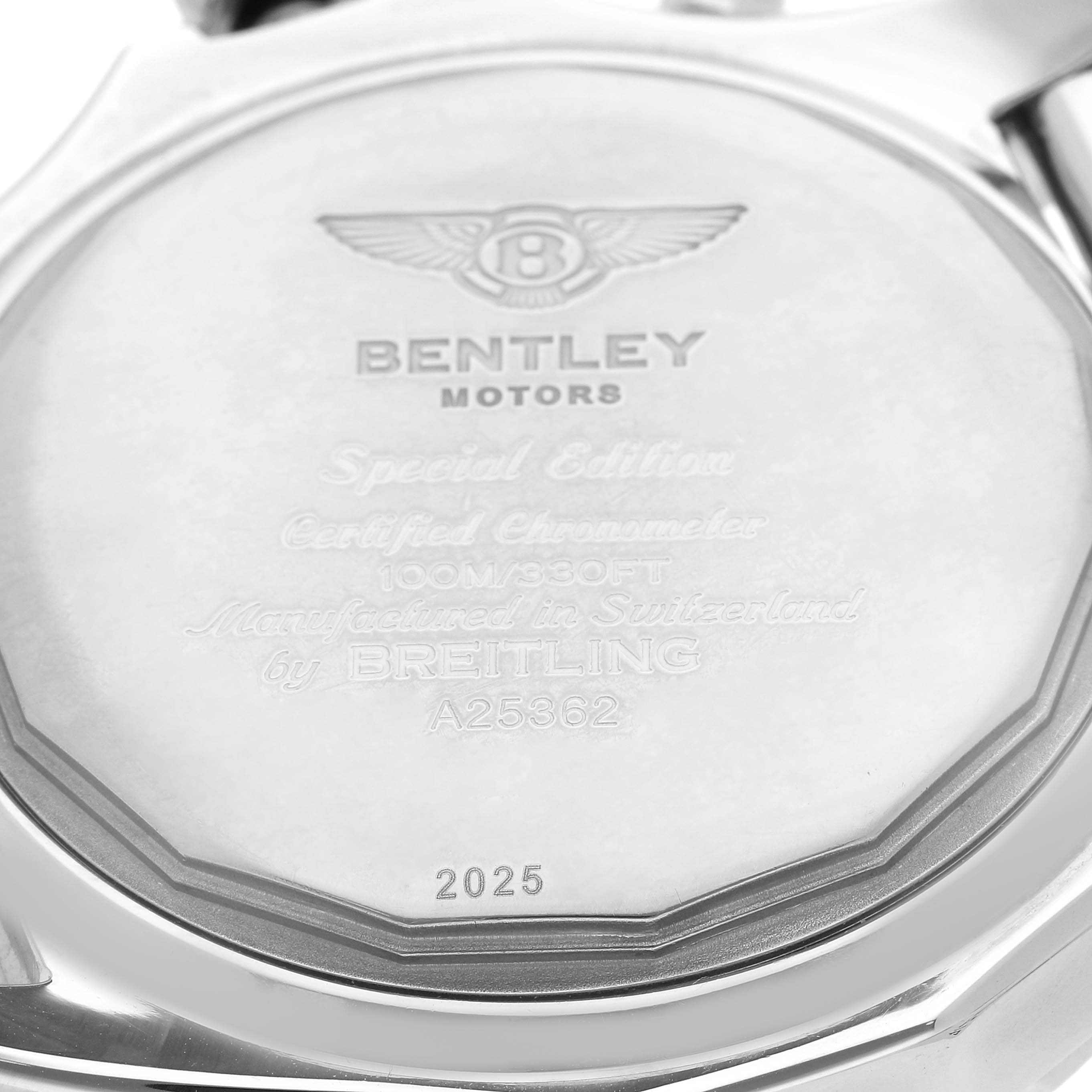 The image shows the back of a Breitling Bentley A25362 Men
s Stainless Steel Black Dial A25362 Men
s Stainless Steel Black Dial watch with engraved details.