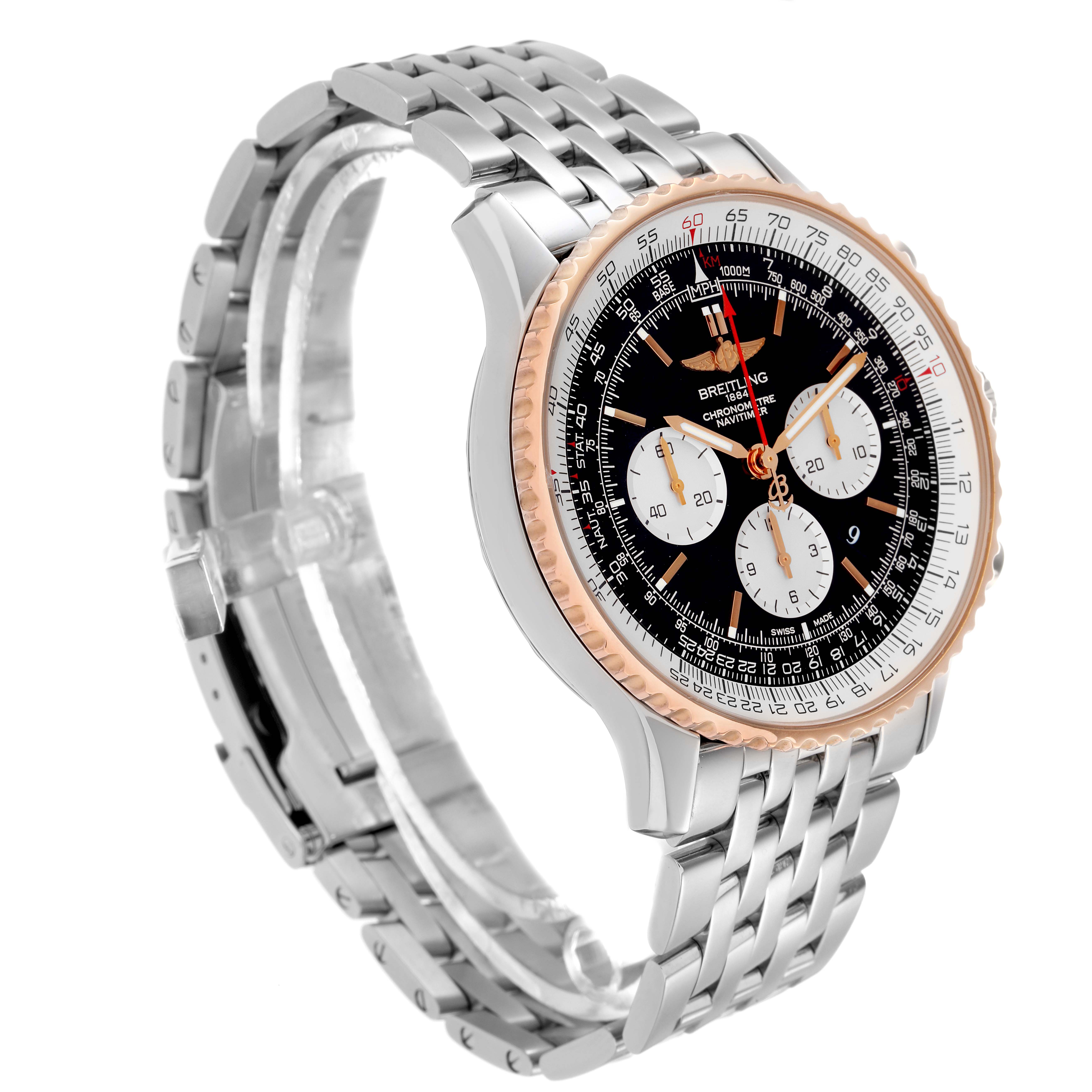 The Breitling Navitimer UB0127 Men
s Steel and Gold (two tone) Black Dial UB0127 Men
s Steel and Gold (two tone) Black Dial watch is shown at a three-quarter angle, highlighting its dial, bezel, and bracelet.
