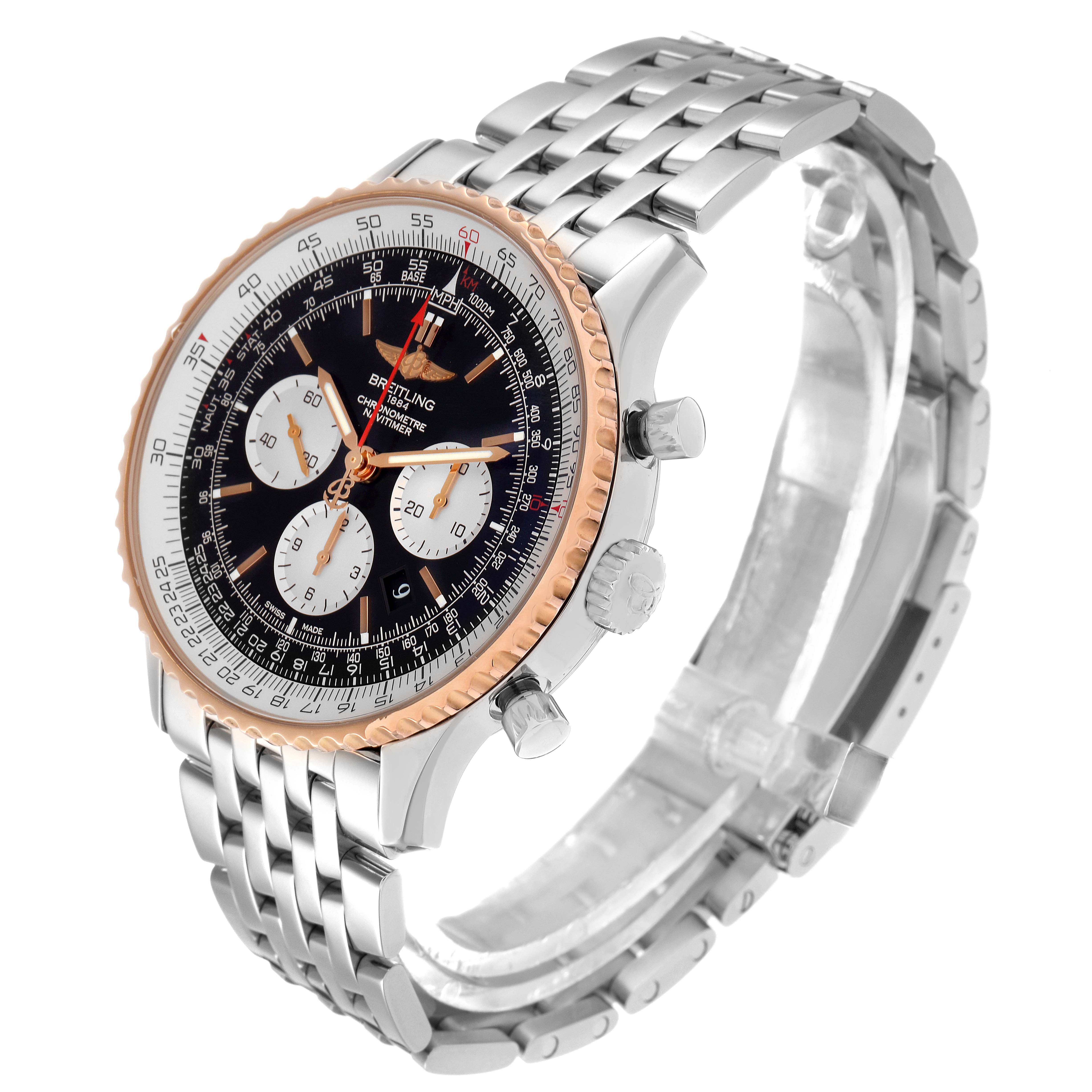 The Breitling Navitimer UB0127 Men
s Steel and Gold (two tone) Black Dial UB0127 Men
s Steel and Gold (two tone) Black Dial model is shown at a three-quarter angle, highlighting the face, bezel, and bracelet.
