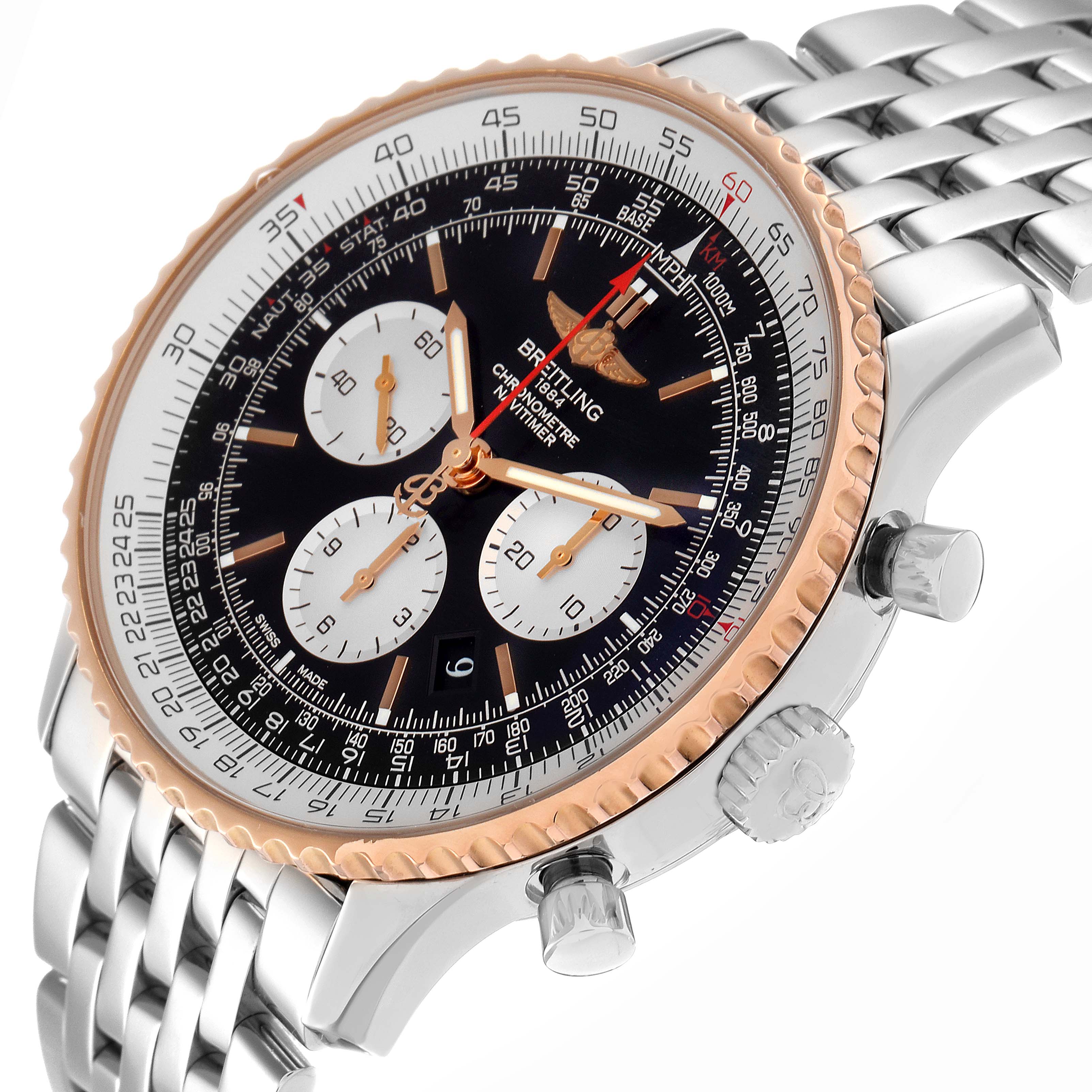 The Breitling Navitimer UB0127 Men
s Steel and Gold (two tone) Black Dial UB0127 Men
s Steel and Gold (two tone) Black Dial watch is shown at a slight angle, highlighting its dial, bezel, crown, pushers, and metal bracelet.