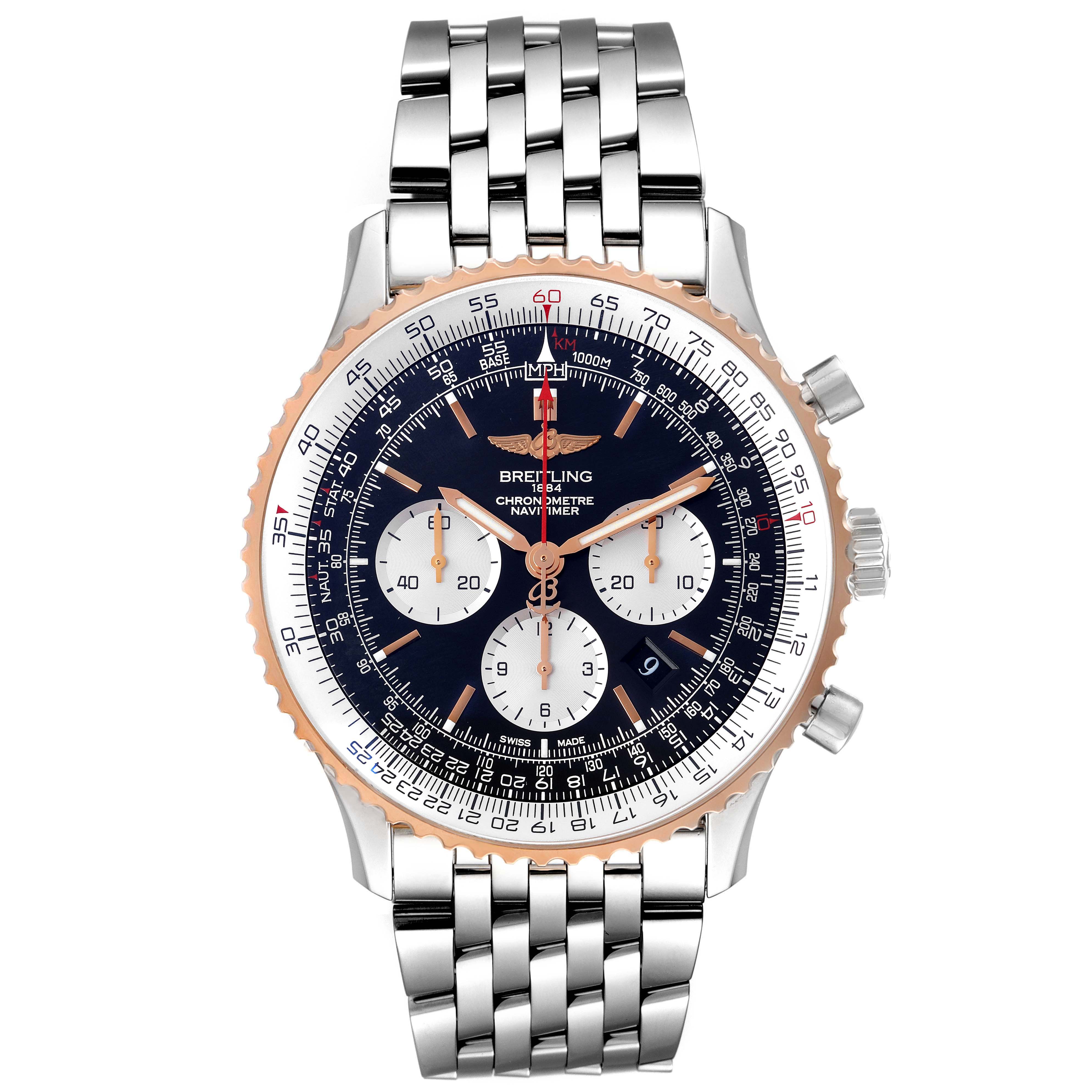 The image shows a front view of a Breitling Navitimer UB0127 Men
s Steel and Gold (two tone) Black Dial UB0127 Men
s Steel and Gold (two tone) Black Dial watch, highlighting the bezel, dial, subdials, and metal bracelet.
