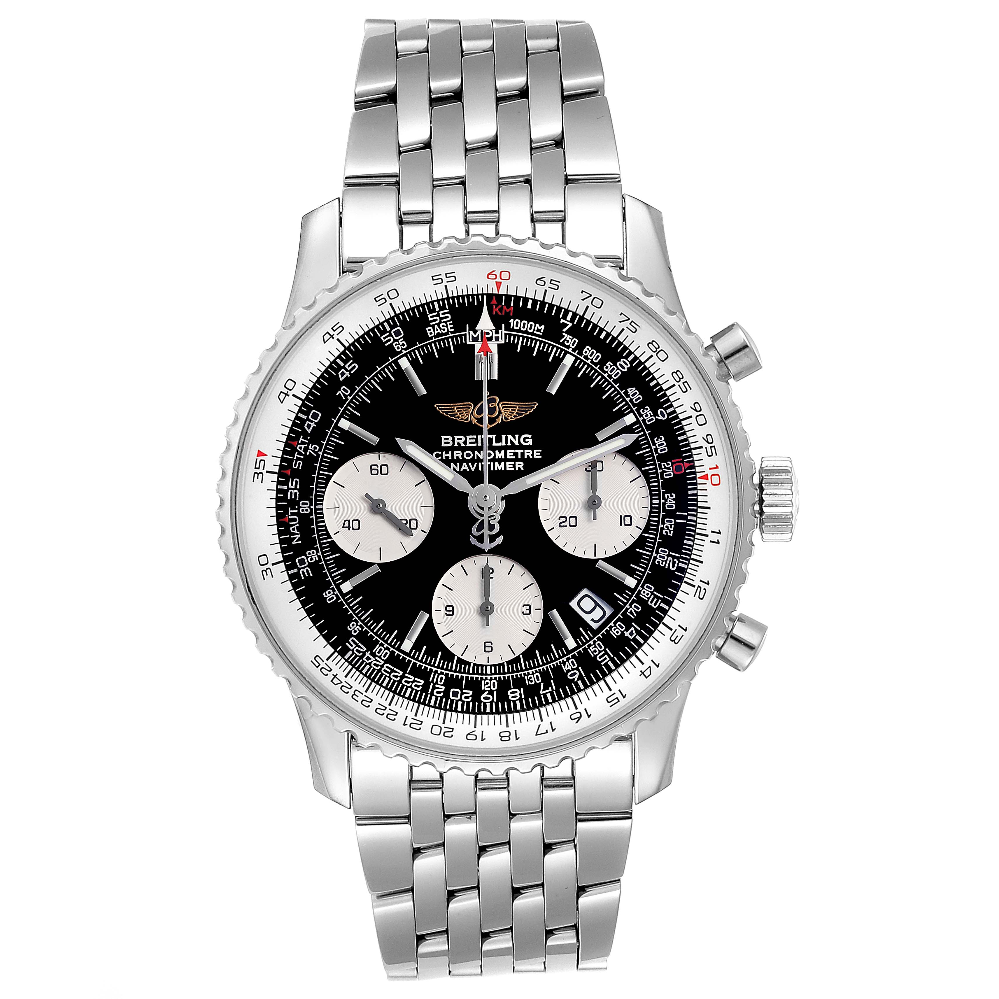 This image shows a front view of the Breitling Navitimer A23322 Men
s Stainless Steel Black Dial A23322 Men
s Stainless Steel Black Dial watch, highlighting its dial, chronograph subdials, and steel bracelet.
