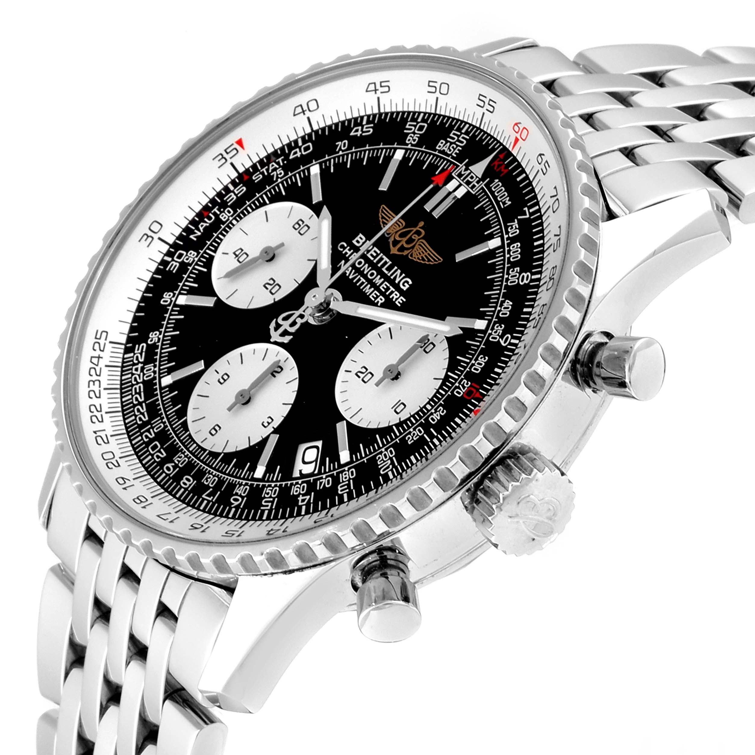 The image shows a close-up angled view of a Breitling Navitimer A23322 Men
s Stainless Steel Black Dial A23322 Men
s Stainless Steel Black Dial watch, highlighting its face, steel bracelet, crown, and pushers.