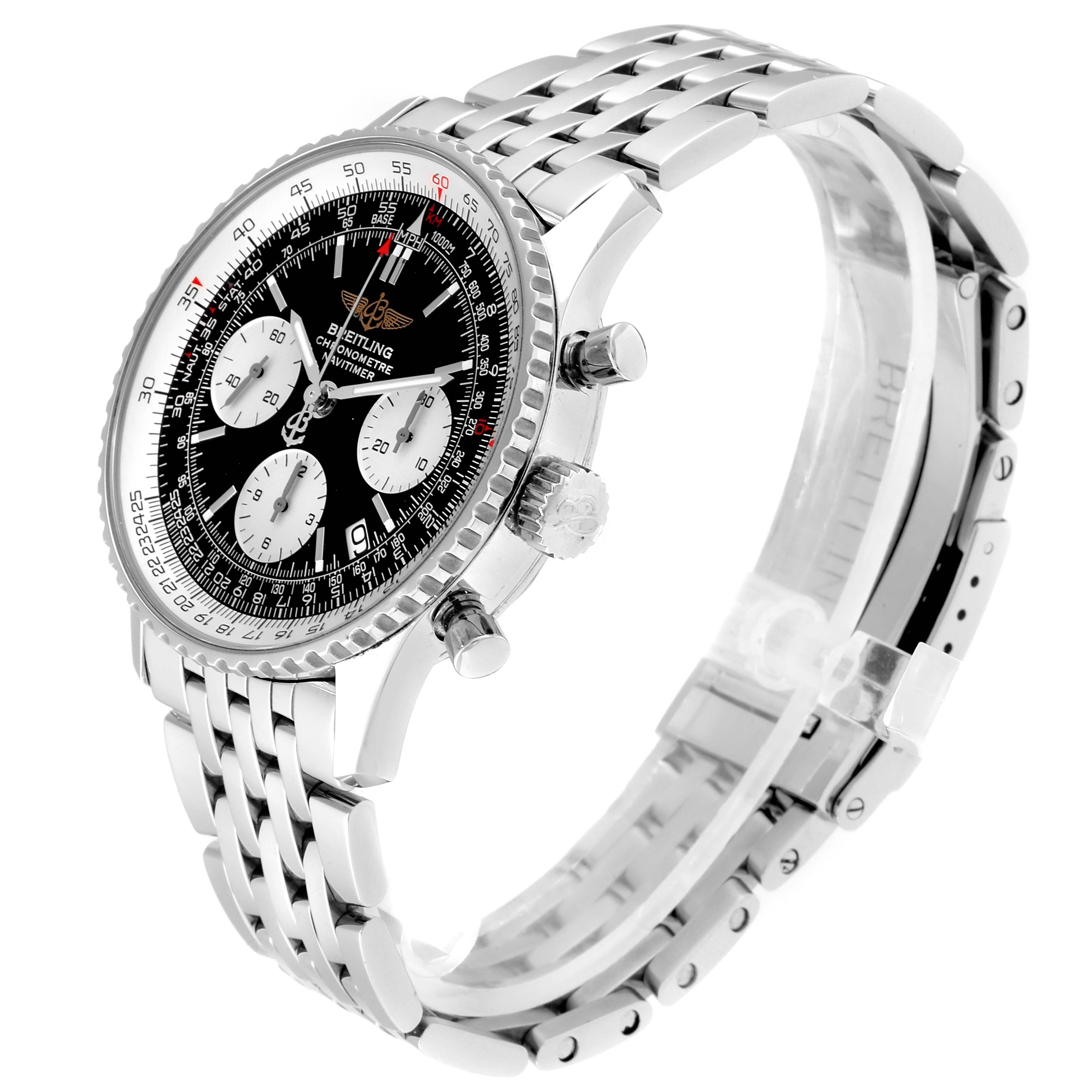 The image shows a Breitling Navitimer A23322 Men
s Stainless Steel Black Dial A23322 Men
s Stainless Steel Black Dial watch at a three-quarter angle, highlighting the dial, crown, pushers, and part of the bracelet.