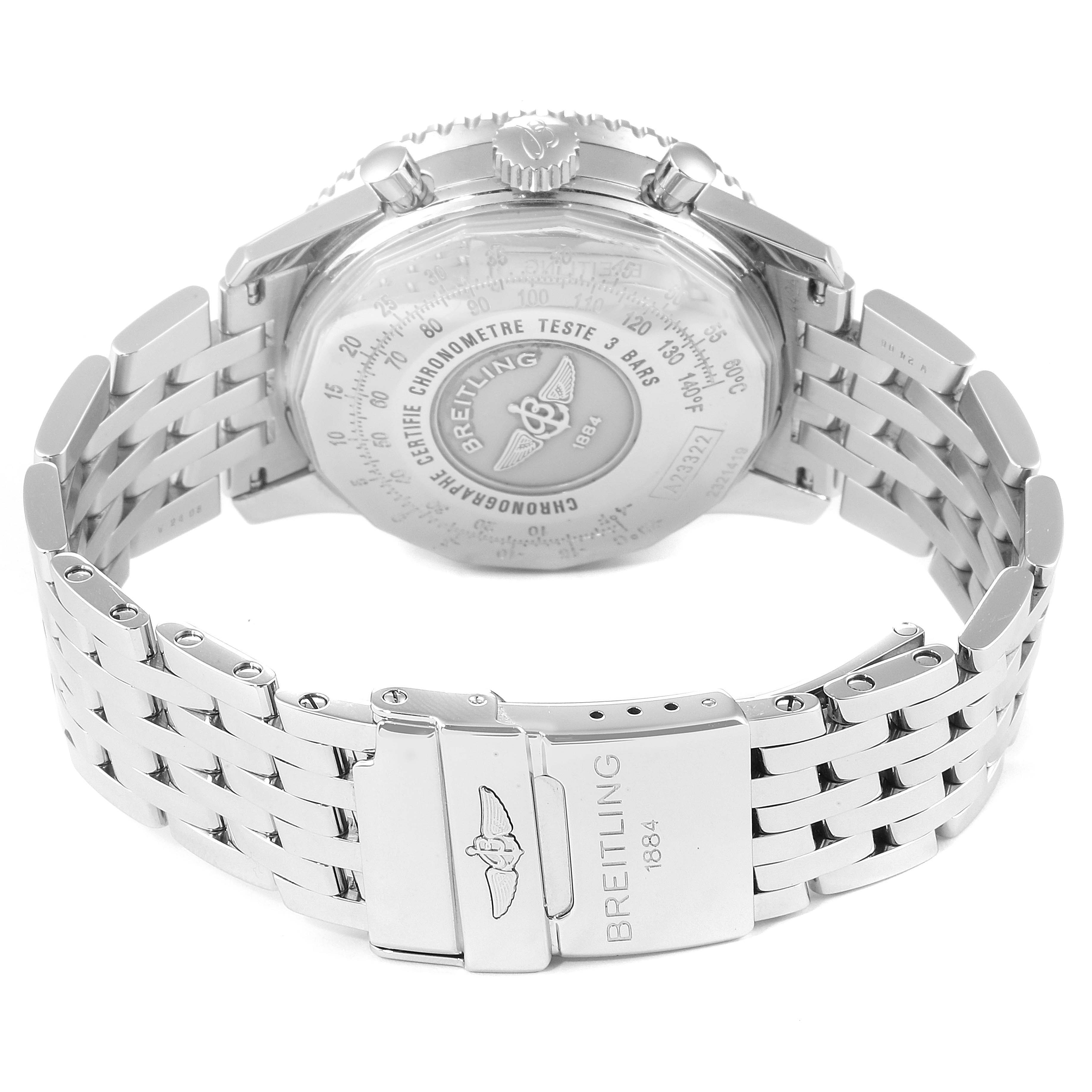 The image shows the back view of a Breitling Navitimer A23322 Men
s Stainless Steel Black Dial A23322 Men
s Stainless Steel Black Dial watch, focusing on the case back and the metal bracelet clasp.