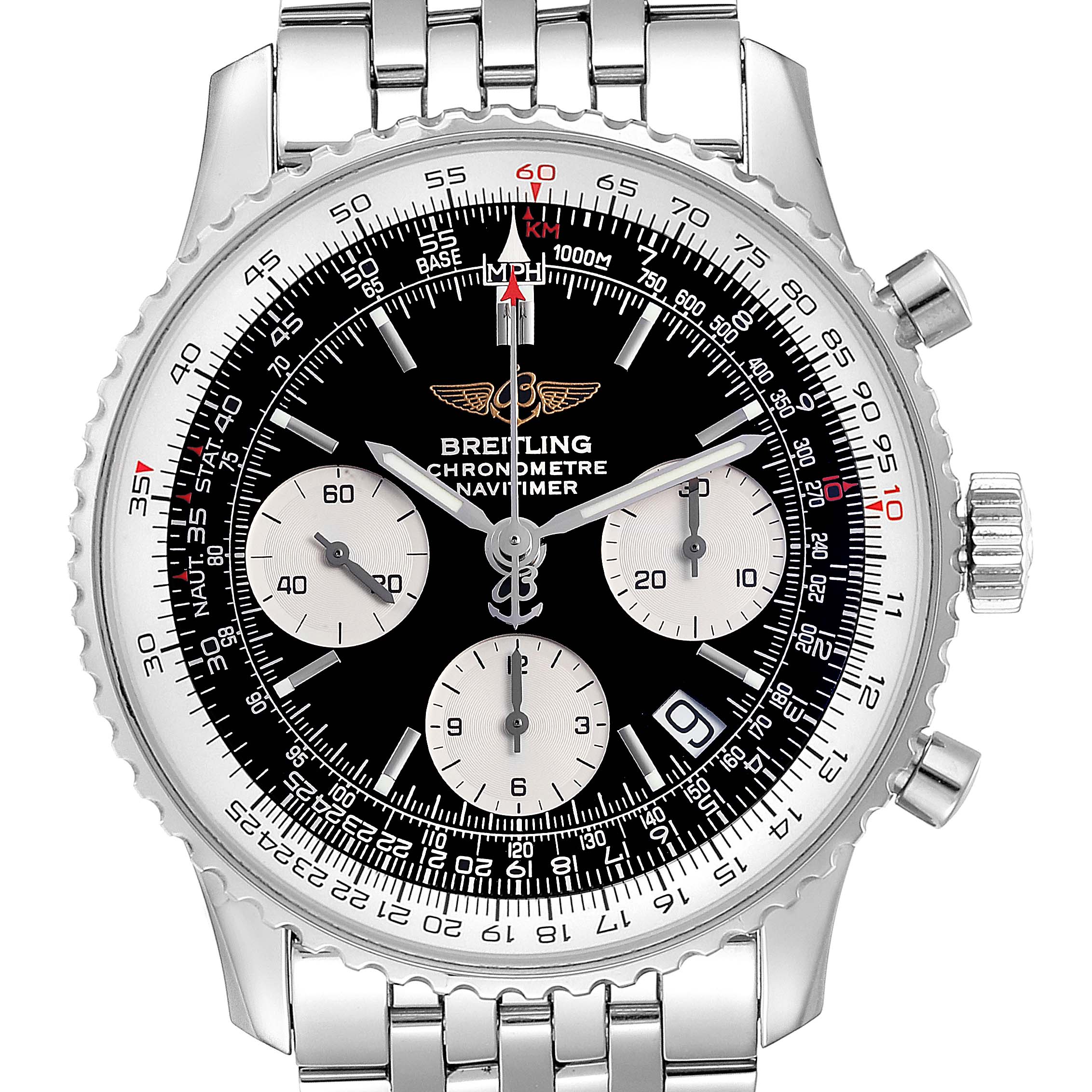 The image shows a front view of a Breitling Navitimer A23322 Men
s Stainless Steel Black Dial A23322 Men
s Stainless Steel Black Dial watch, highlighting its dial, bezel, and bracelet.