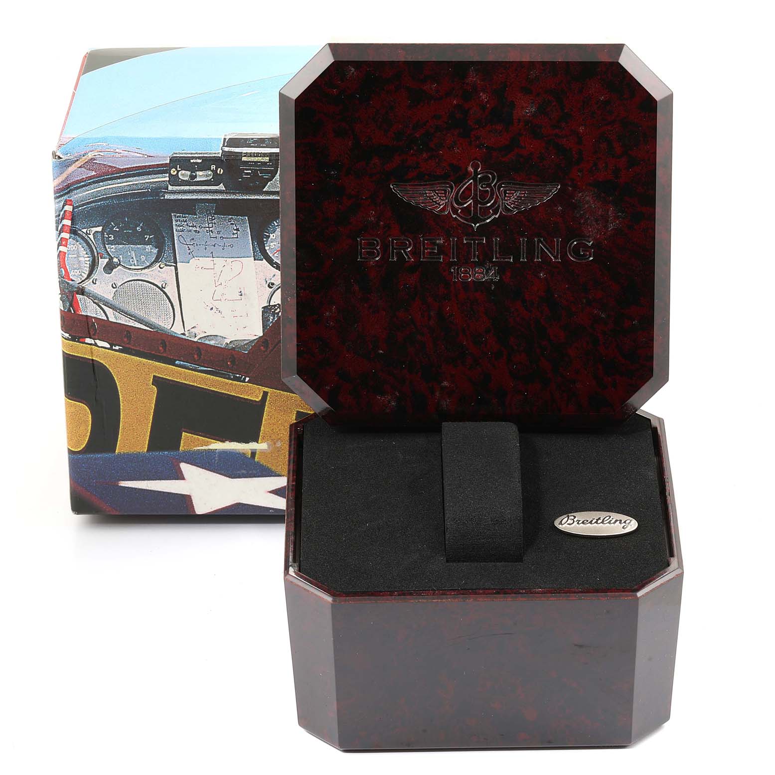 The image shows an open Breitling Navitimer A23322 Men
s Stainless Steel Black Dial A23322 Men
s Stainless Steel Black Dial watch box from a front angle, revealing the interior and the brand logo.