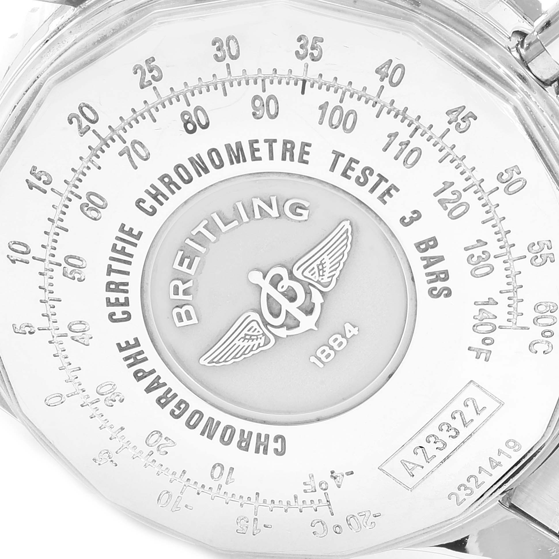This image shows the back of a Breitling Navitimer A23322 Men
s Stainless Steel Black Dial A23322 Men
s Stainless Steel Black Dial watch, featuring branding and certification details.