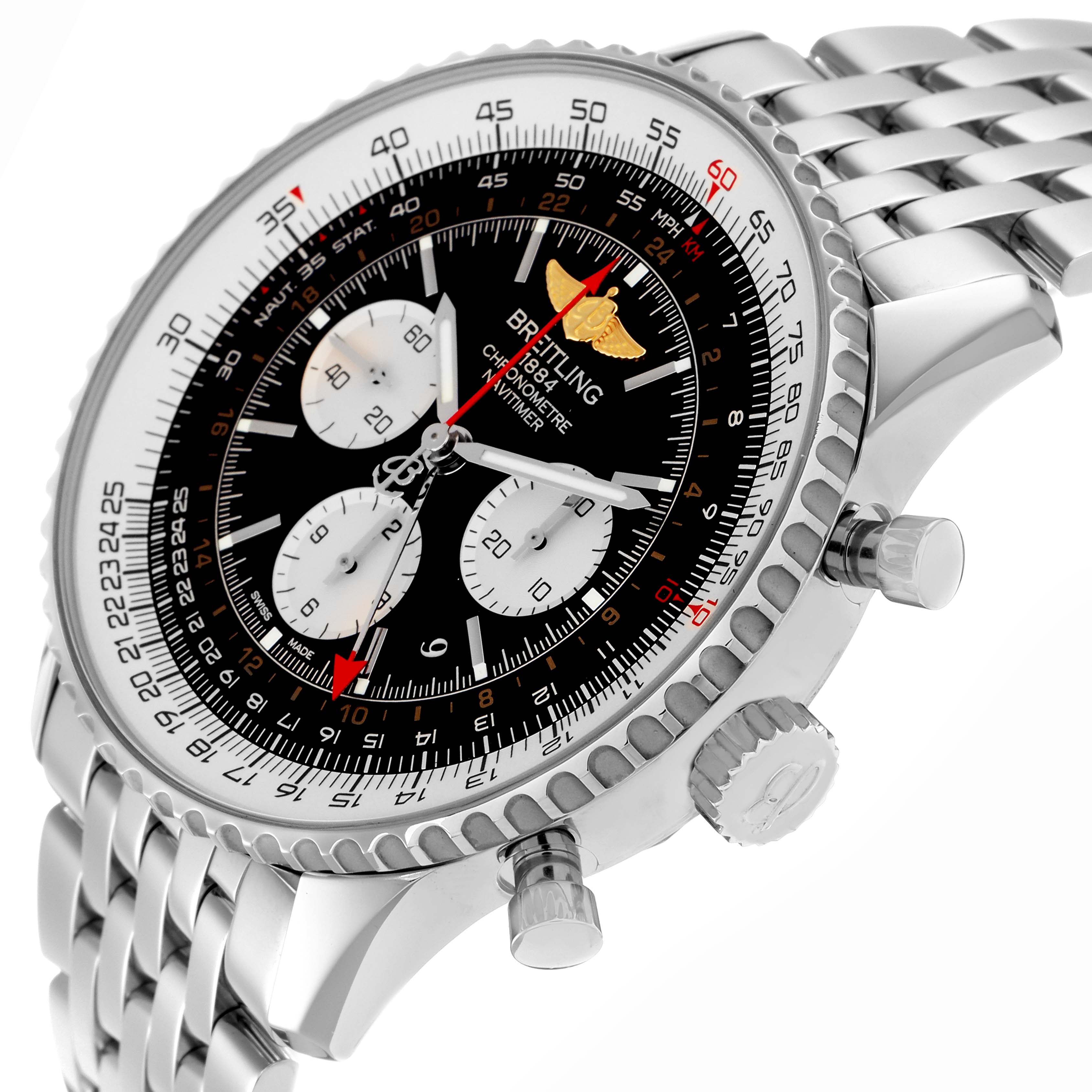 The Breitling Navitimer AB0441 Men
s Stainless Steel Black Dial AB0441 Men
s Stainless Steel Black Dial watch is shown at a three-quarter angle, highlighting the bezel, dial, subdials, crown, and bracelet.