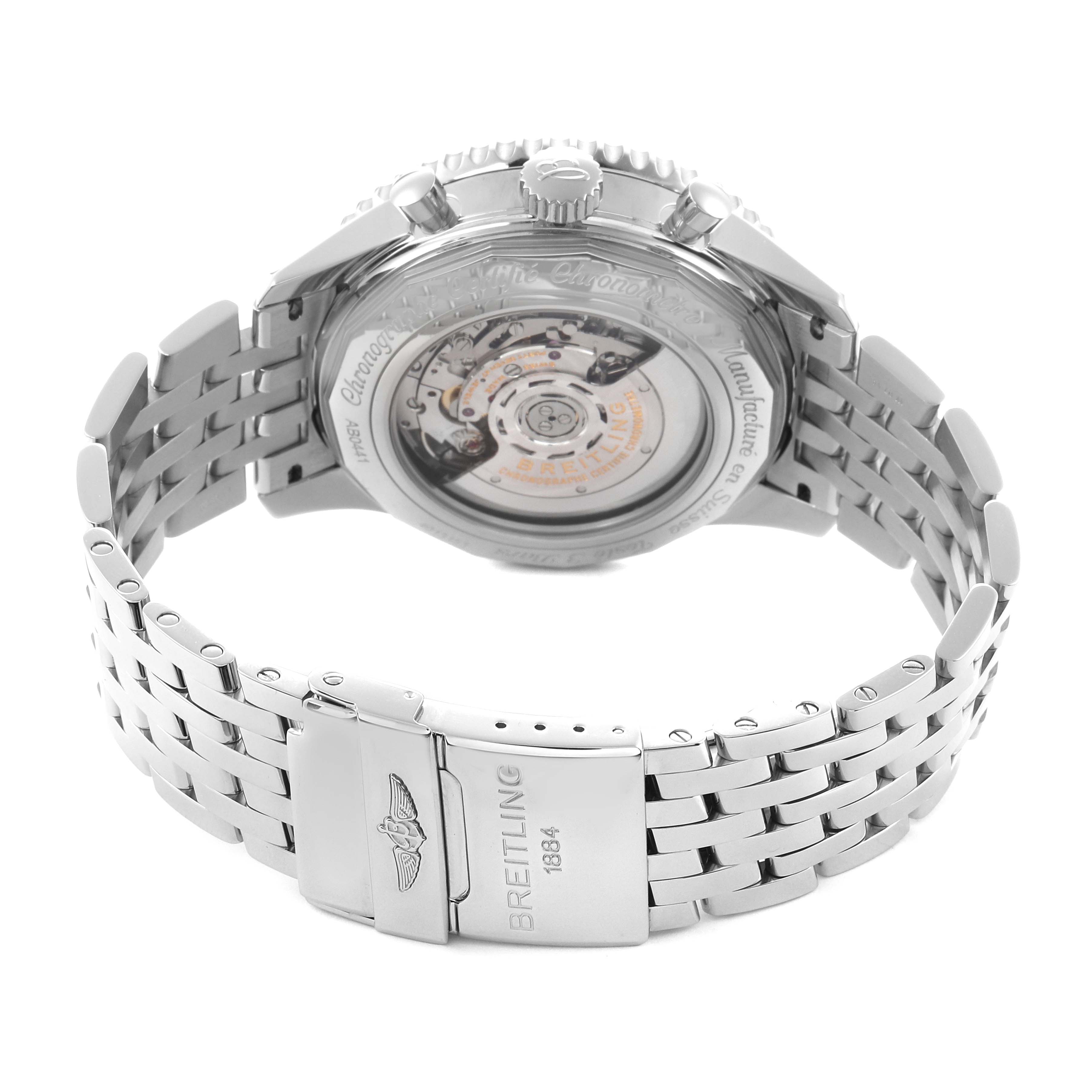 The image shows the Breitling Navitimer AB0441 Men
s Stainless Steel Black Dial AB0441 Men
s Stainless Steel Black Dial watch from a rear angle, highlighting the transparent case back and stainless steel bracelet.