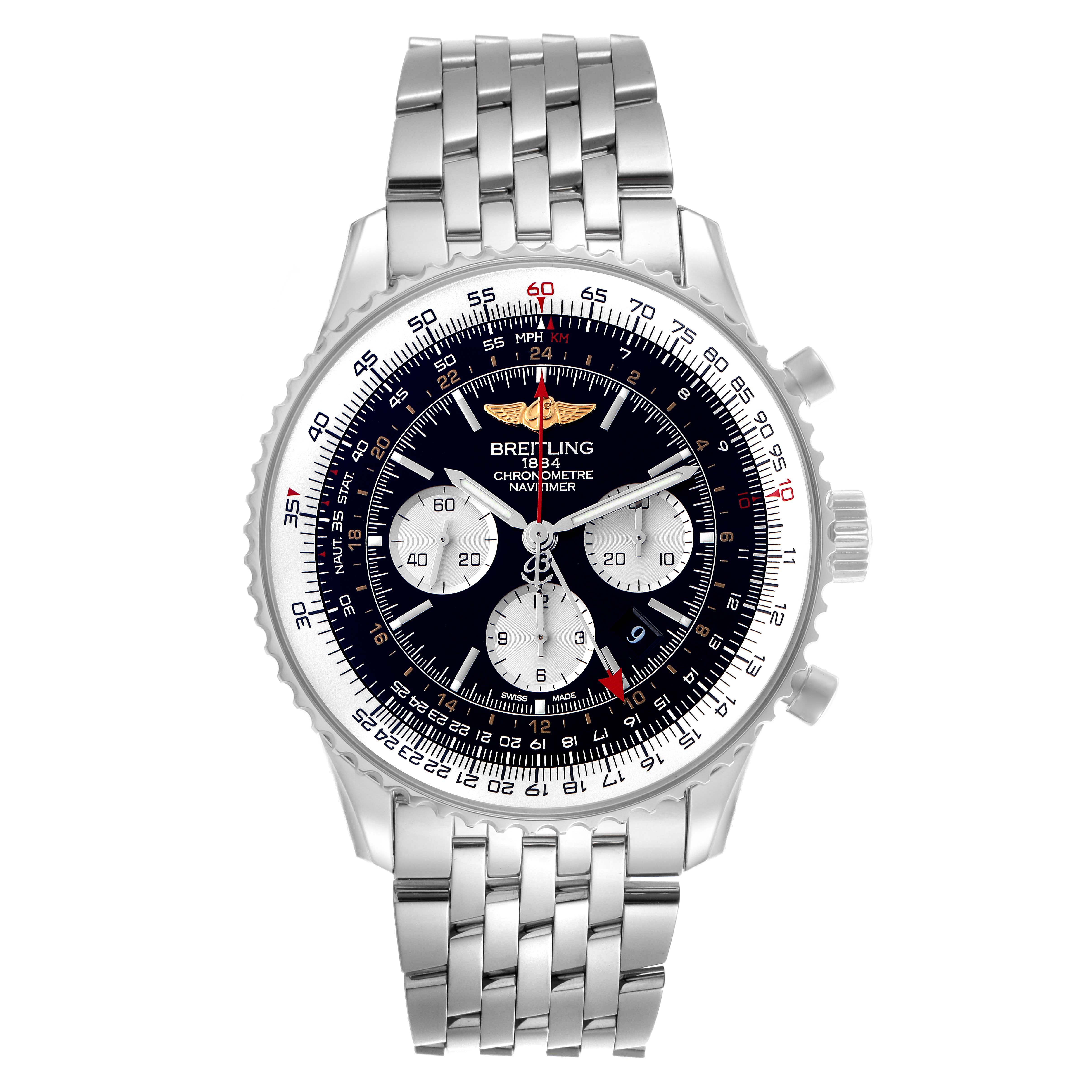 The Breitling Navitimer AB0441 Men
s Stainless Steel Black Dial AB0441 Men
s Stainless Steel Black Dial watch is shown from a front angle, displaying the dial, bezel, and linked bracelet.
