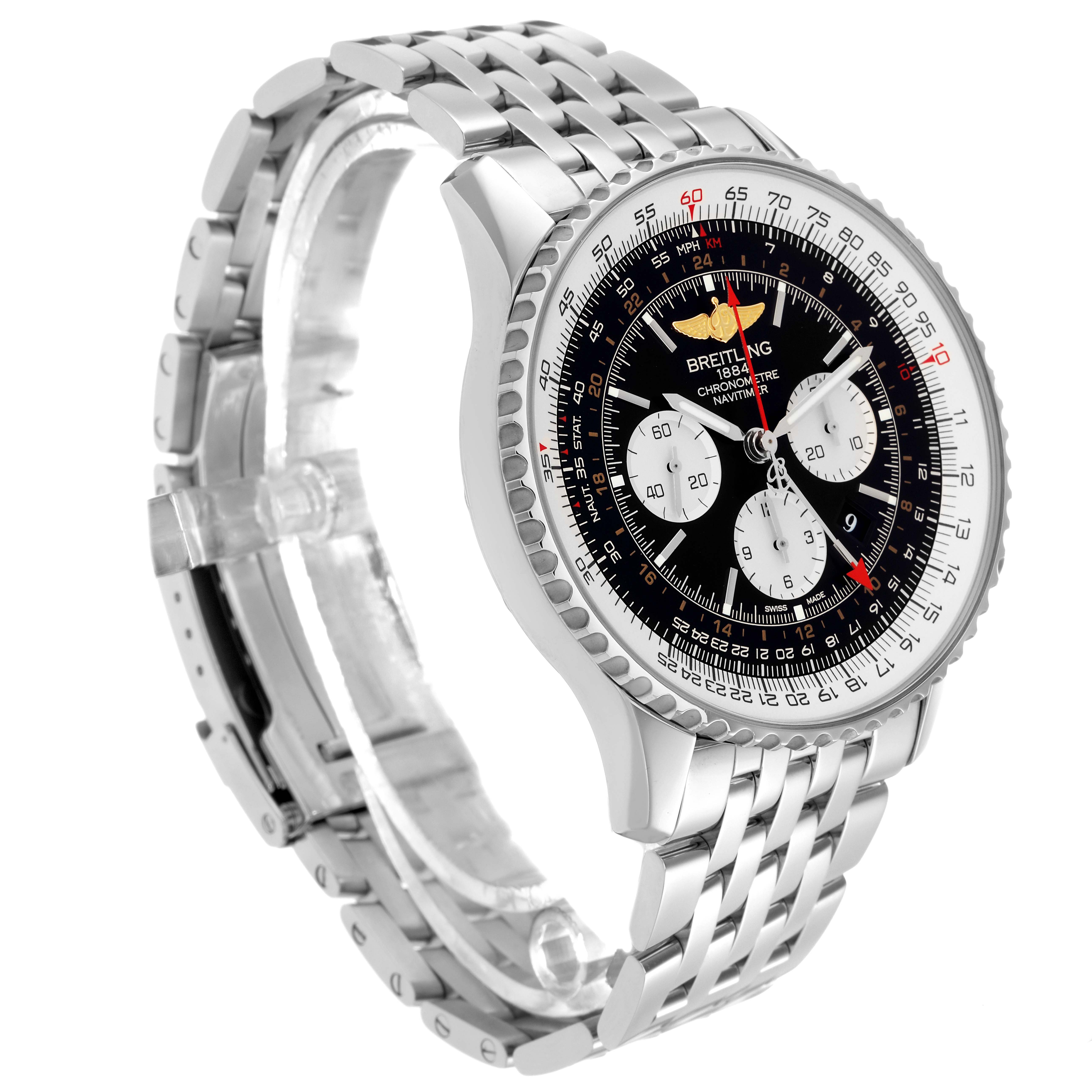 The Breitling Navitimer AB0441 Men
s Stainless Steel Black Dial AB0441 Men
s Stainless Steel Black Dial watch is shown at a three-quarter angle, highlighting the face, bezel, and metal bracelet.