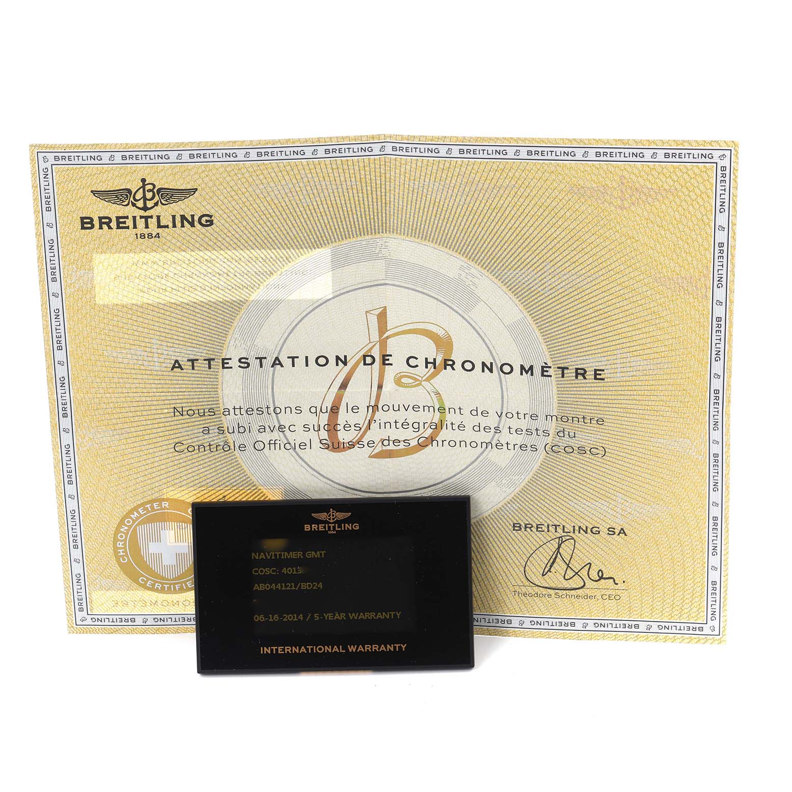 The image shows a Breitling Navitimer AB0441 Men
s Stainless Steel Black Dial AB0441 Men
s Stainless Steel Black Dial certificate and warranty card at a slight angle, highlighting the paperwork elements.