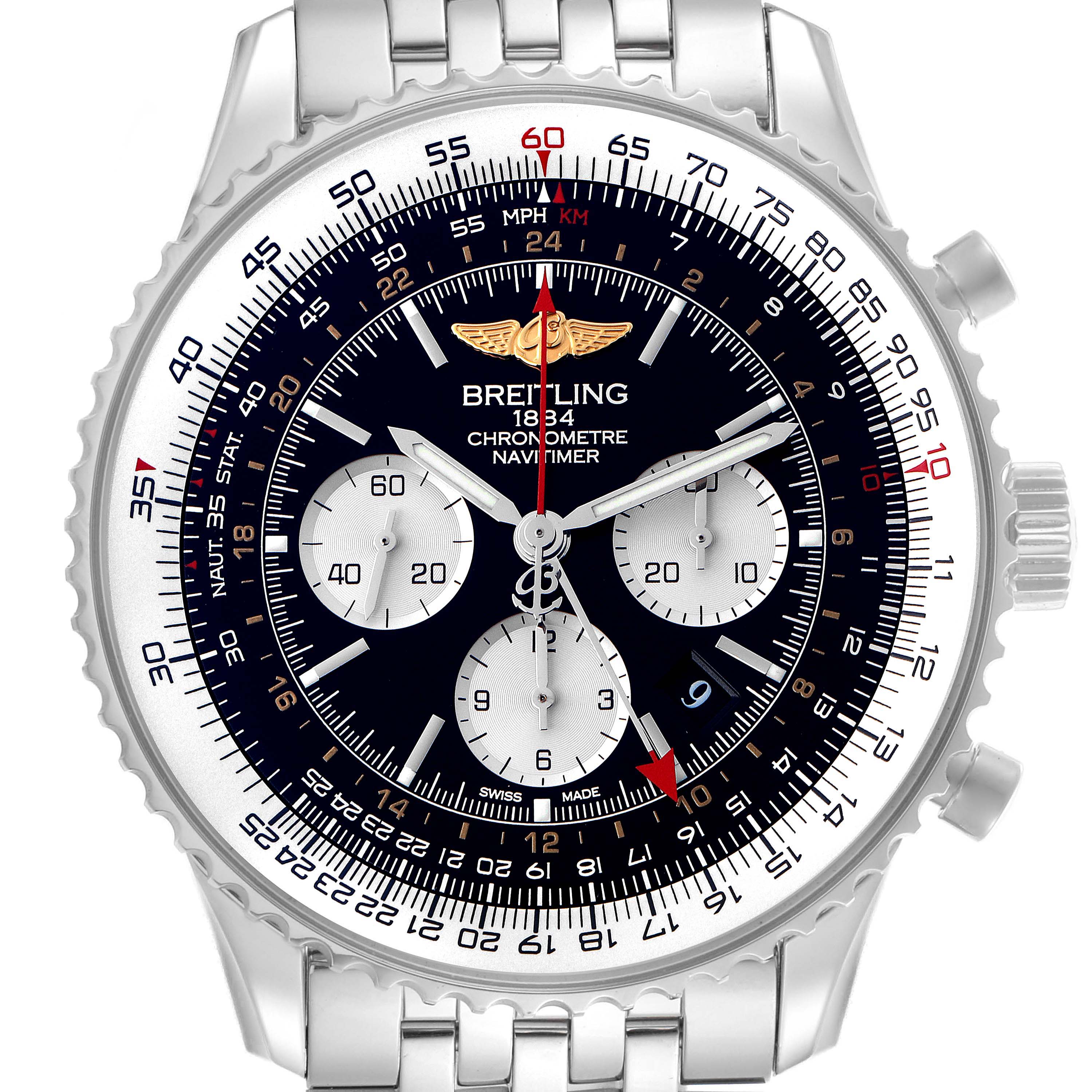 The image shows a front view of a Breitling Navitimer AB0441 Men
s Stainless Steel Black Dial AB0441 Men
s Stainless Steel Black Dial watch, displaying the dial, bezel, and bracelet.