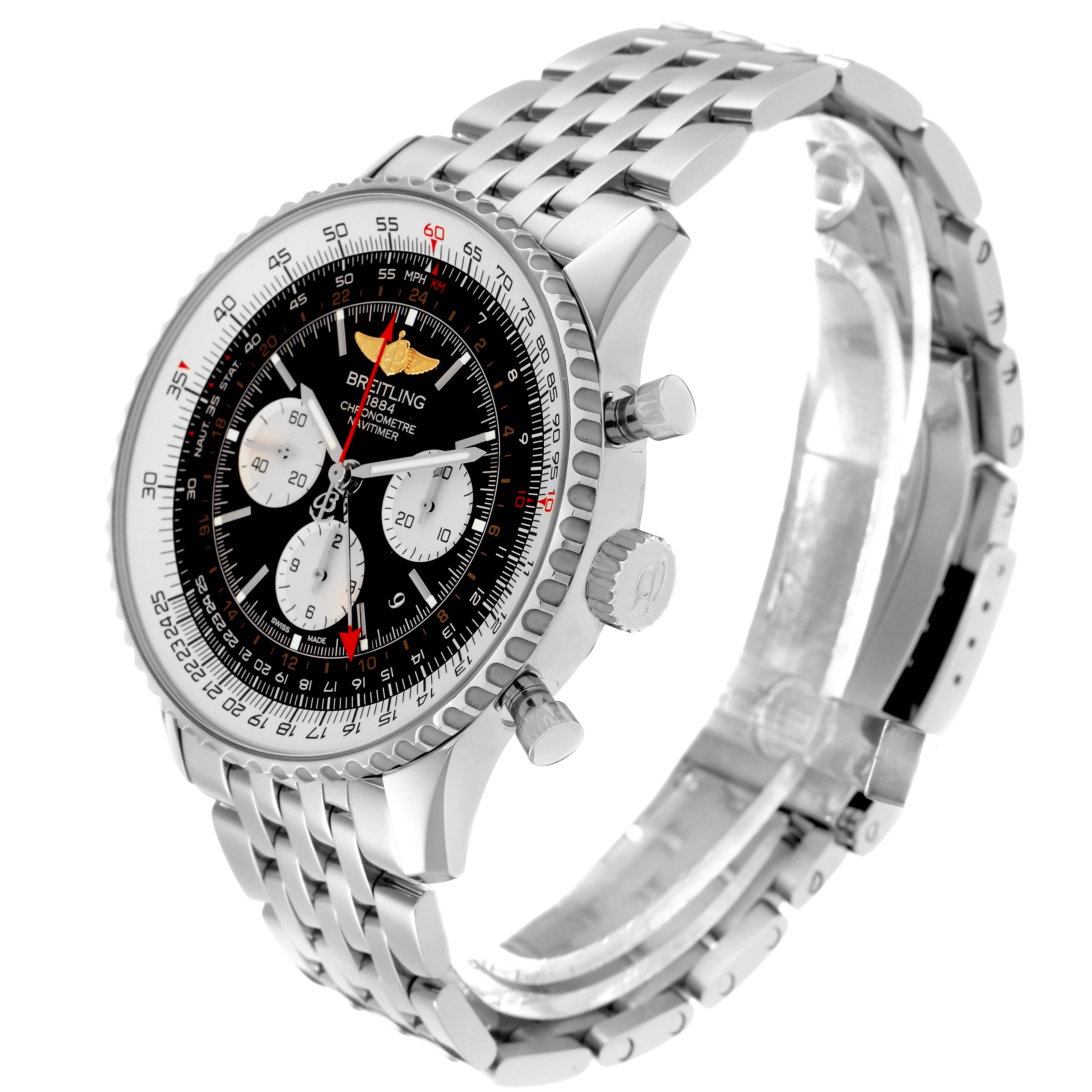 The Breitling Navitimer AB0441 Men
s Stainless Steel Black Dial AB0441 Men
s Stainless Steel Black Dial watch is shown at a three-quarter angle, displaying its dial, bezel, crown, pushers, and stainless steel bracelet.