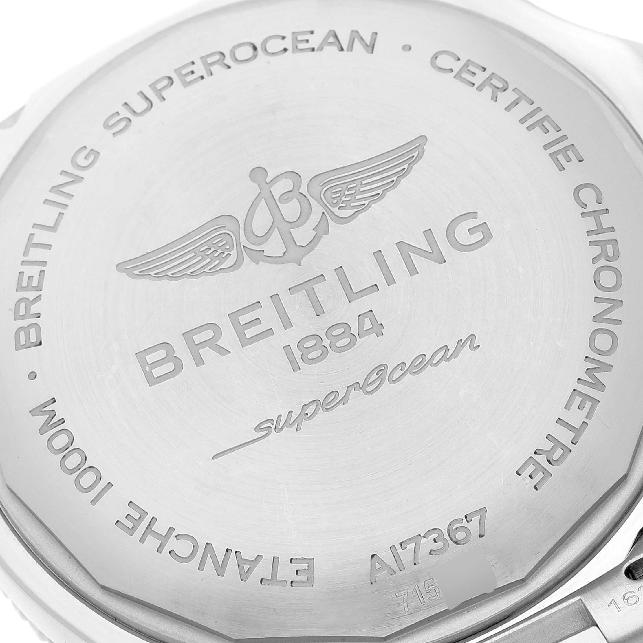 This image shows the back case of a Breitling Superocean A17367021I1A1 Men's Stainless Steel Yellow Dial A17367021I1A1 Men's Stainless Steel Yellow Dial watch, with branding and model details engraved.
