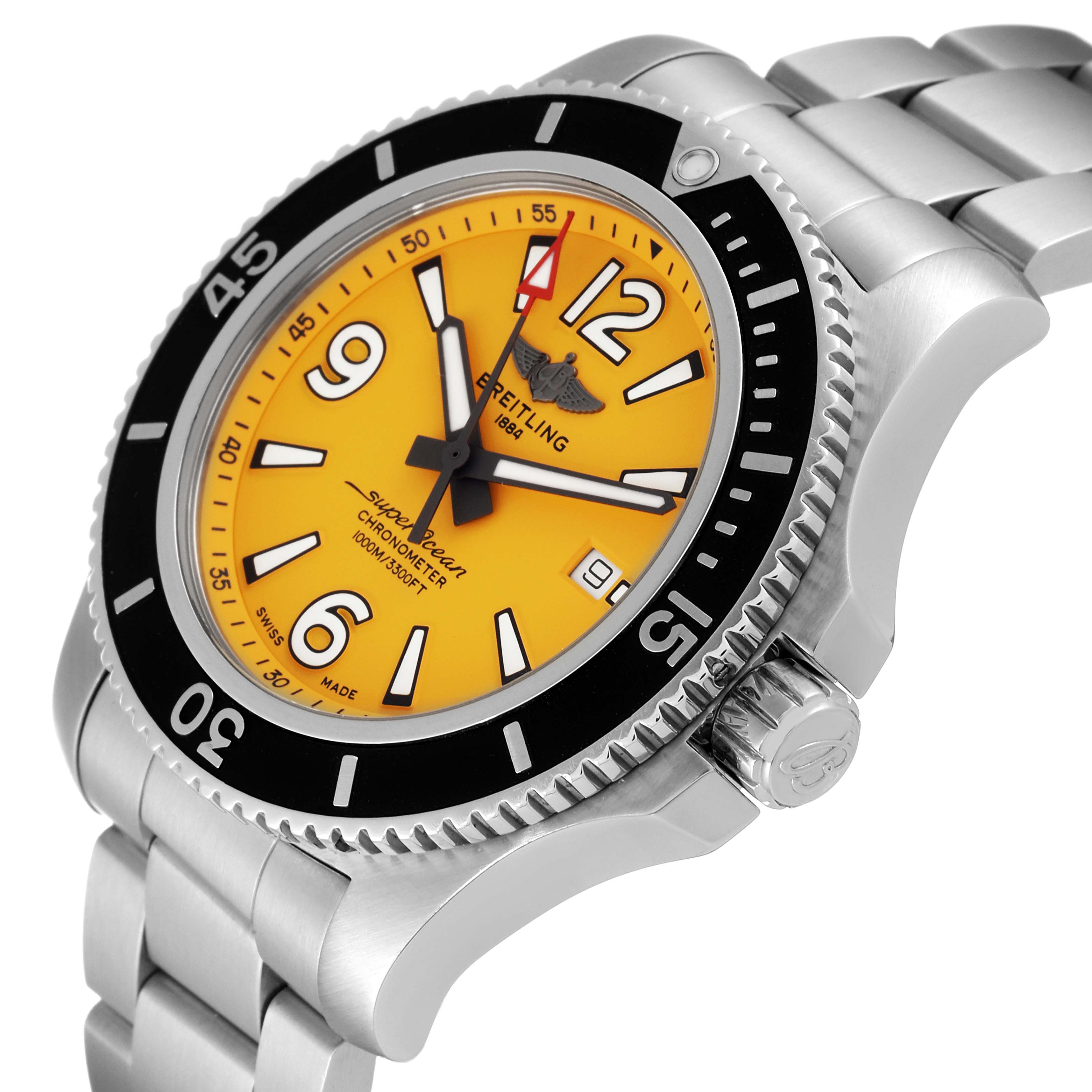 The image shows a Breitling Superocean A17367021I1A1 Men's Stainless Steel Yellow Dial A17367021I1A1 Men's Stainless Steel Yellow Dial watch at a slight angle highlighting its yellow dial, bezel, crown, and bracelet.
