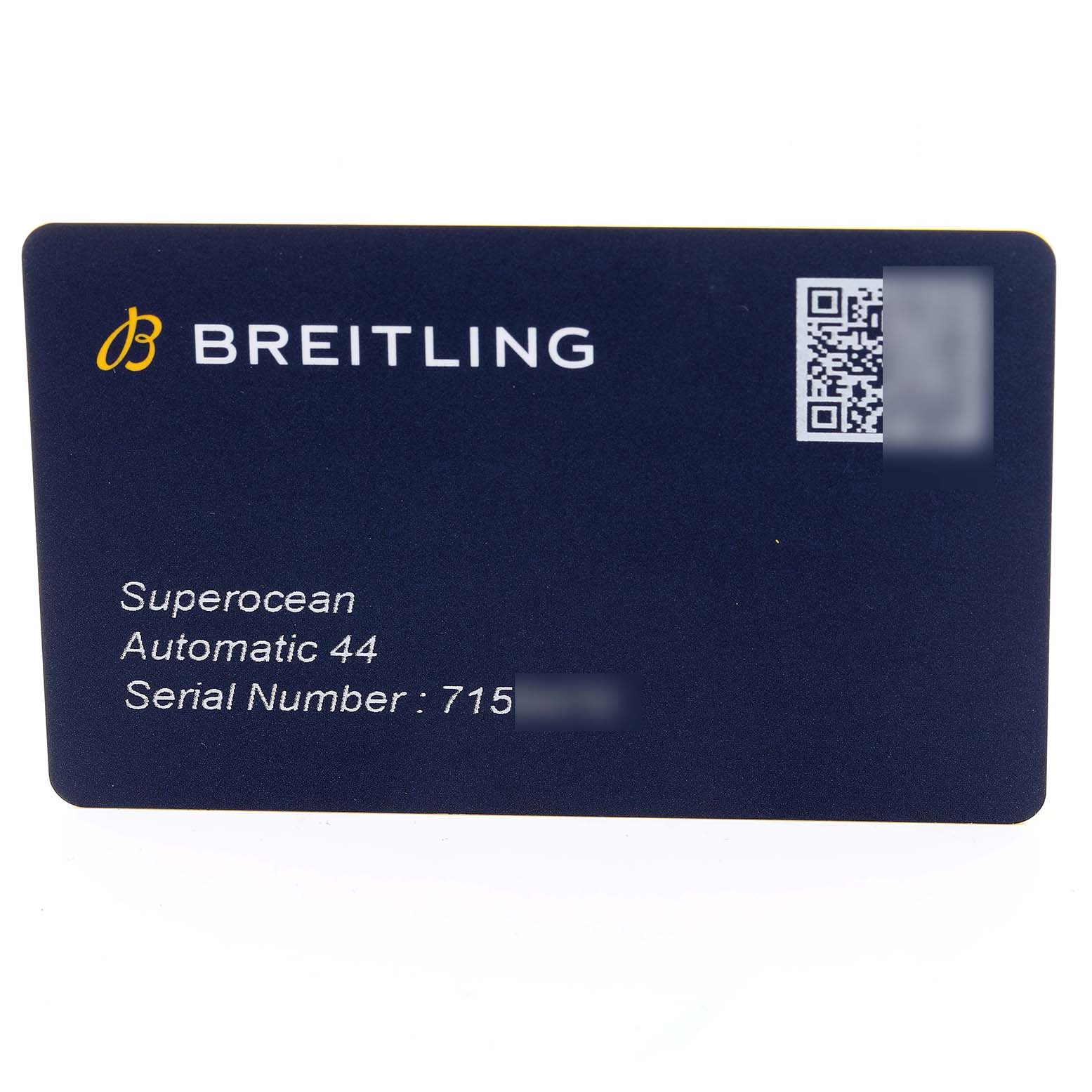 This image shows a registration card for the Breitling Superocean A17367021I1A1 Men's Stainless Steel Yellow Dial A17367021I1A1 Men's Stainless Steel Yellow Dial Automatic 44 watch, displaying the model name, serial number, and a QR code.