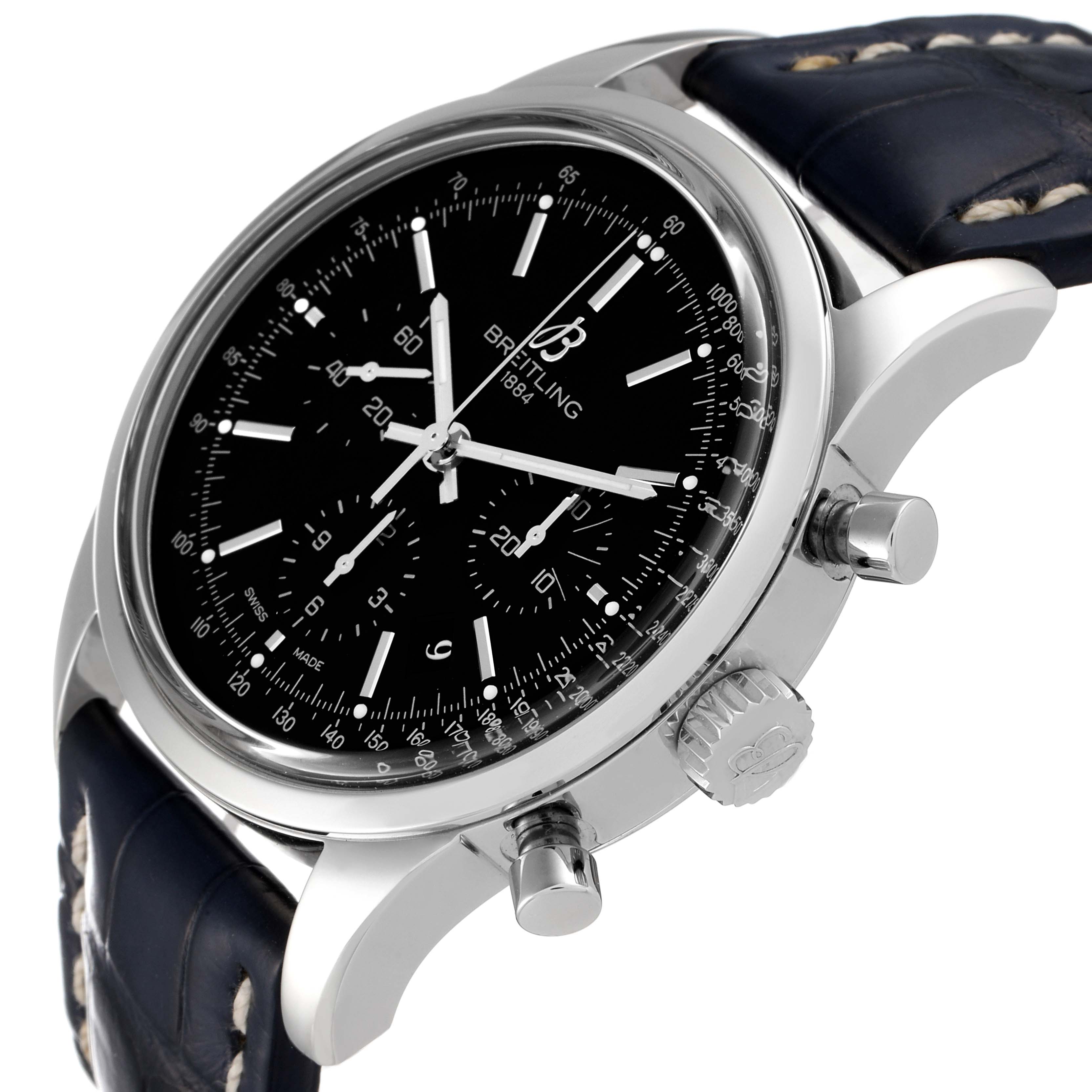 This image shows a side view of the Breitling Transocean AB015212/BA99-435X Men's Stainless Steel Black Dial AB015212/BA99-435X Men's Stainless Steel Black Dial watch, highlighting the crown, pushers, and part of the dial and strap.