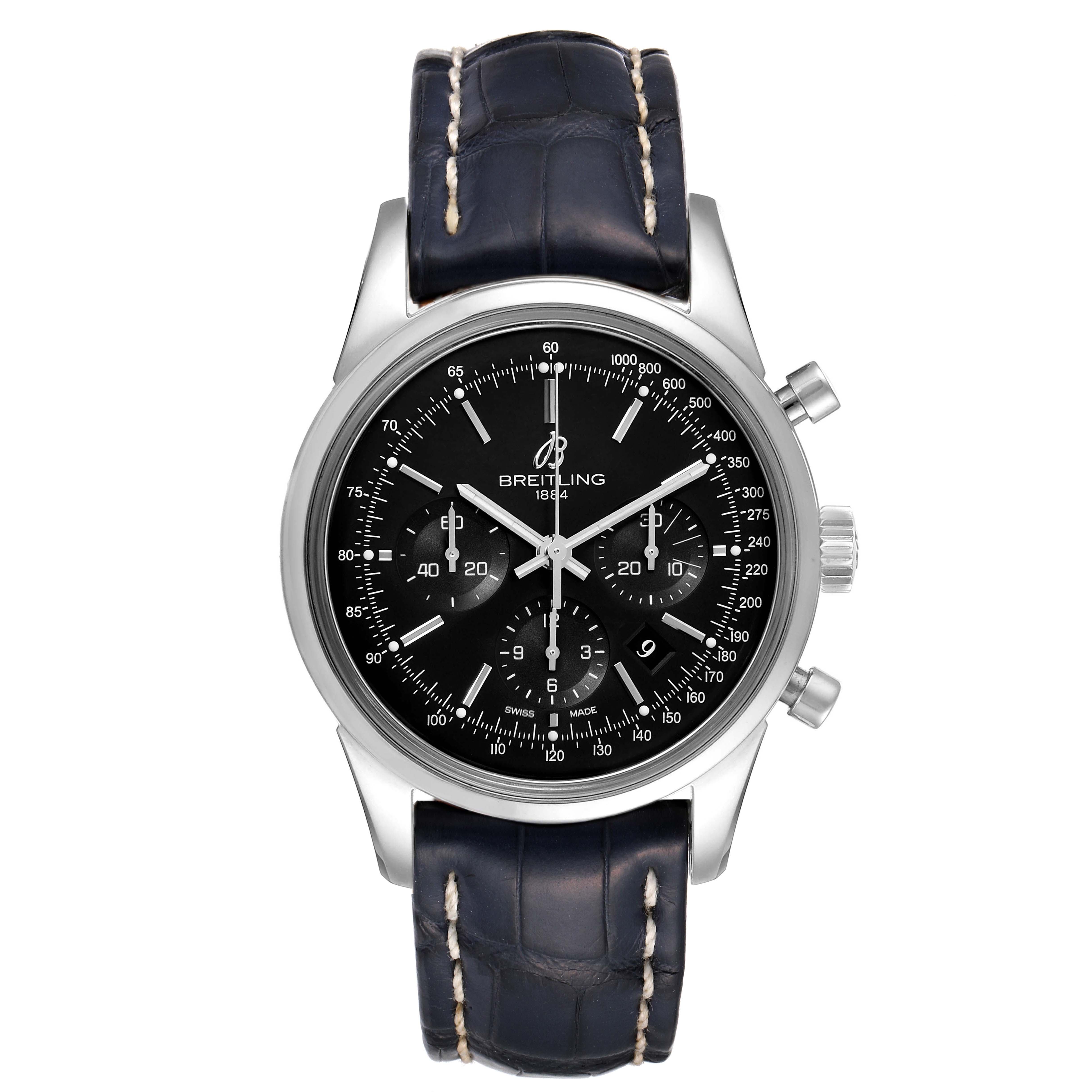 The Breitling Transocean AB015212/BA99-435X Men's Stainless Steel Black Dial AB015212/BA99-435X Men's Stainless Steel Black Dial model watch is shown from a front angle, displaying the face, bezel, and strap.