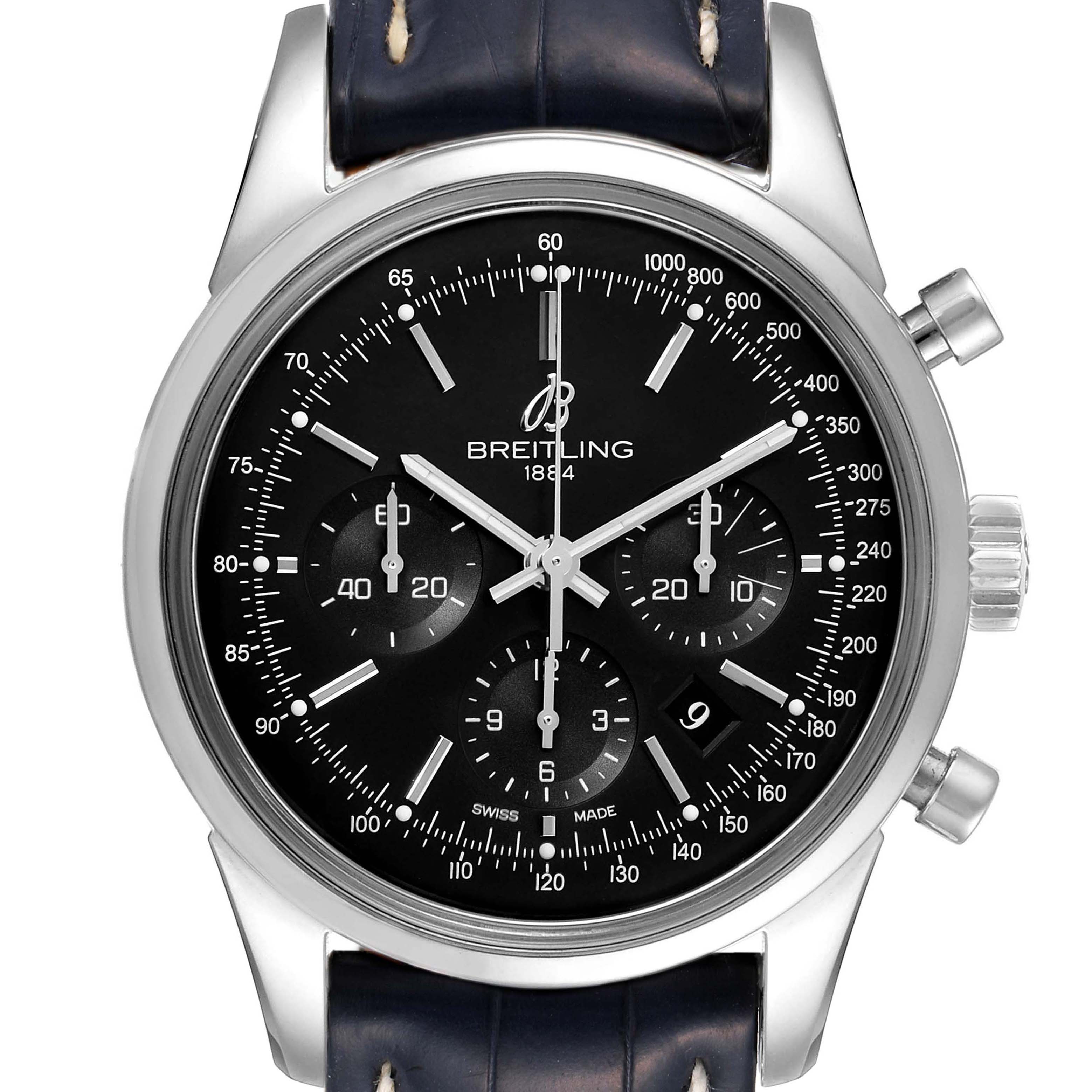 The image shows a front view of the Breitling Transocean AB015212/BA99-435X Men's Stainless Steel Black Dial AB015212/BA99-435X Men's Stainless Steel Black Dial watch, highlighting its dial and chronograph features.
