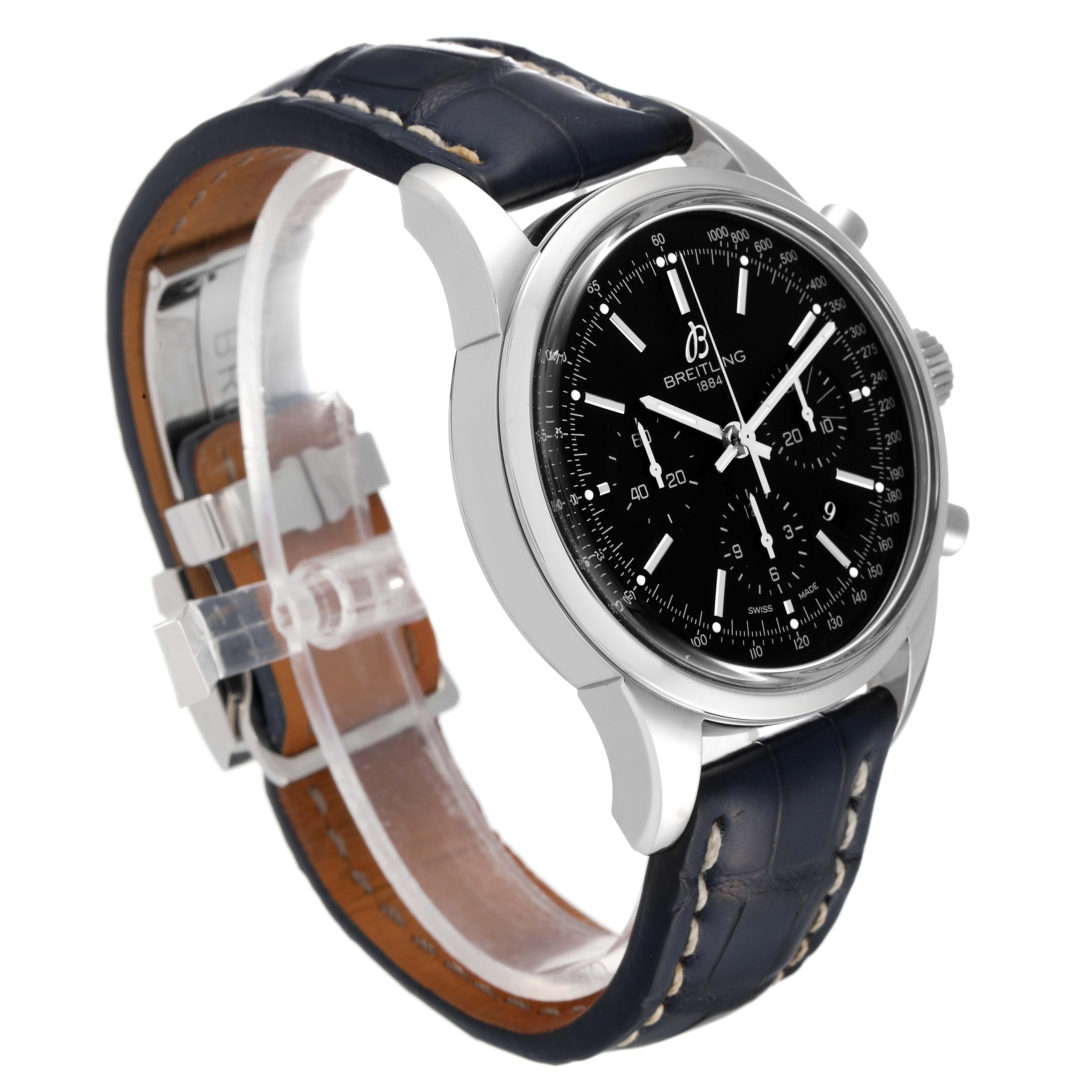 The image shows a side angle of the Breitling Transocean AB015212/BA99-435X Men's Stainless Steel Black Dial AB015212/BA99-435X Men's Stainless Steel Black Dial watch, highlighting its black dial, stainless steel case, and leather strap.