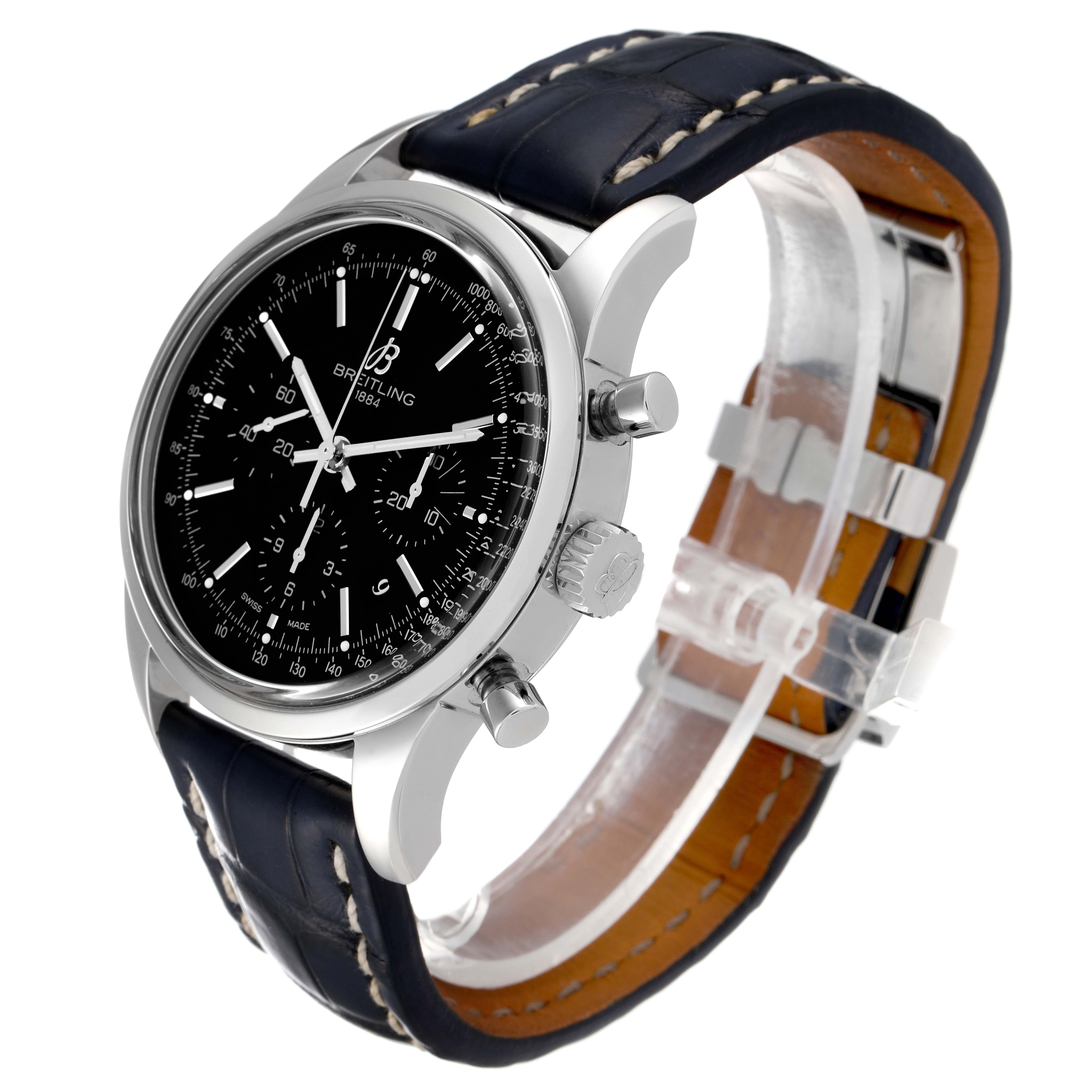 The image shows a Breitling Transocean AB015212/BA99-435X Men's Stainless Steel Black Dial AB015212/BA99-435X Men's Stainless Steel Black Dial watch at a slight angle, highlighting its black dial, chronograph buttons, and leather strap.