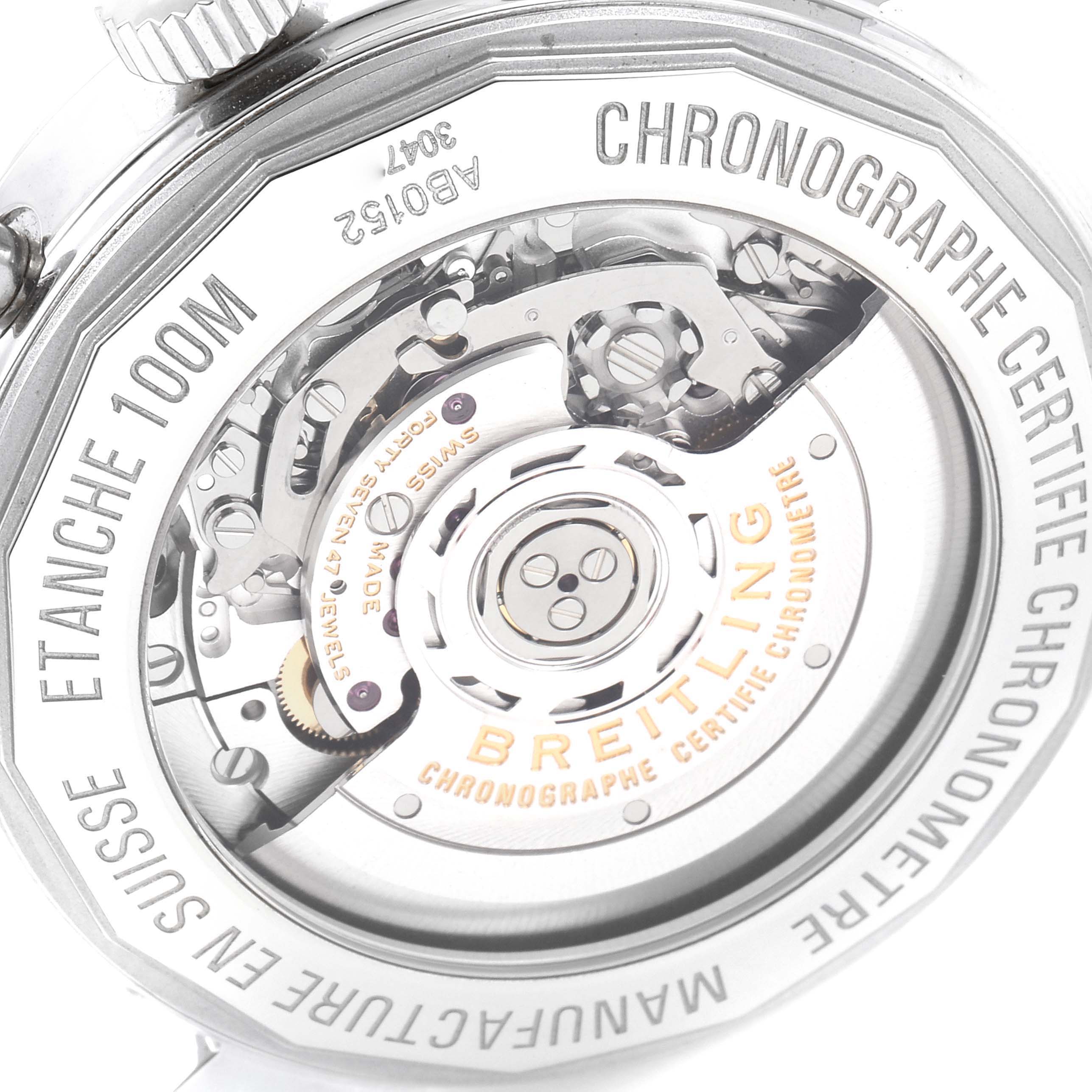 The image shows the case back and internal mechanism of the Breitling Transocean AB015212/BA99-435X Men's Stainless Steel Black Dial AB015212/BA99-435X Men's Stainless Steel Black Dial watch at a close-up angle.