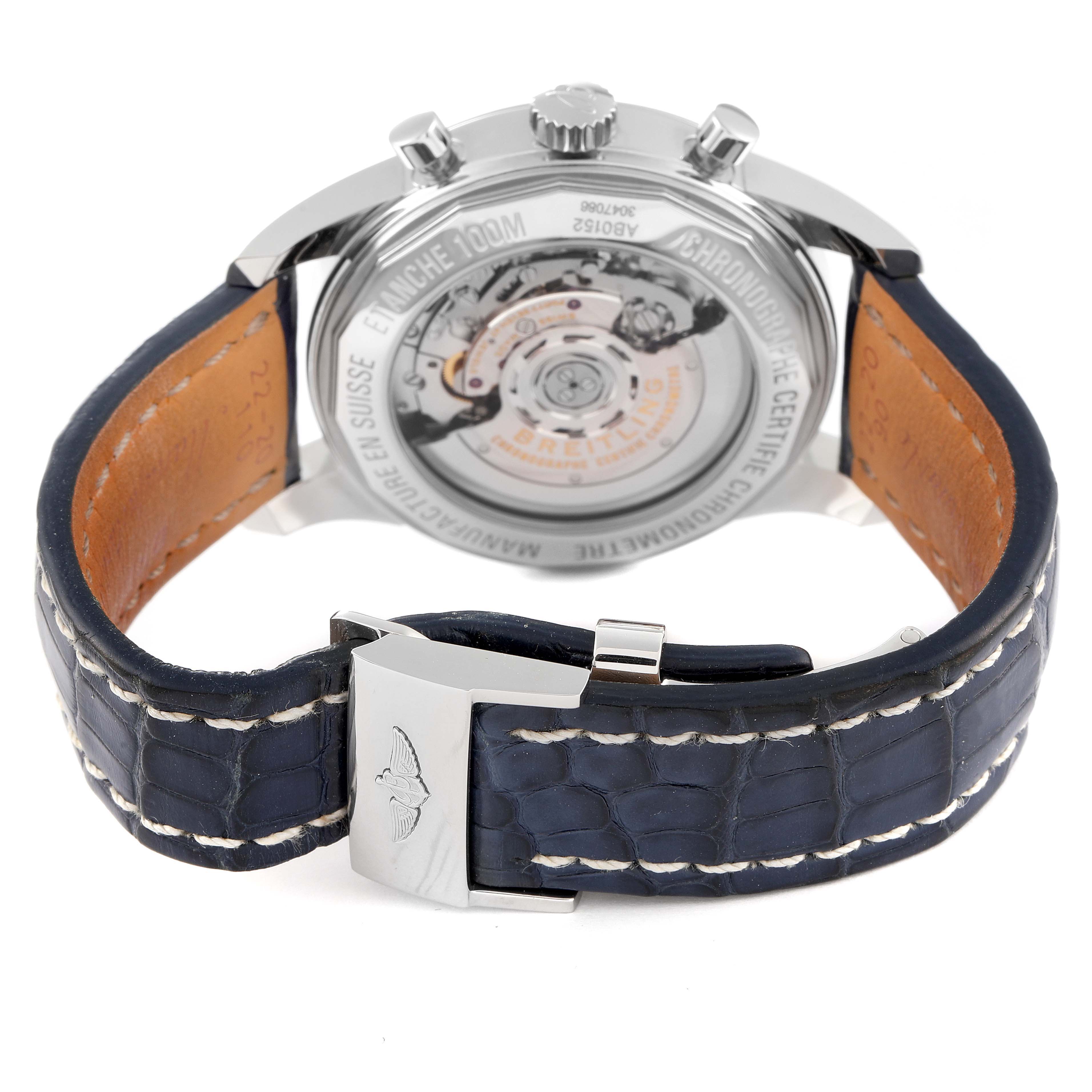 The image shows the back of a Breitling Transocean AB015212/BA99-435X Men's Stainless Steel Black Dial AB015212/BA99-435X Men's Stainless Steel Black Dial watch, highlighting its transparent case back and leather strap with a clasp.