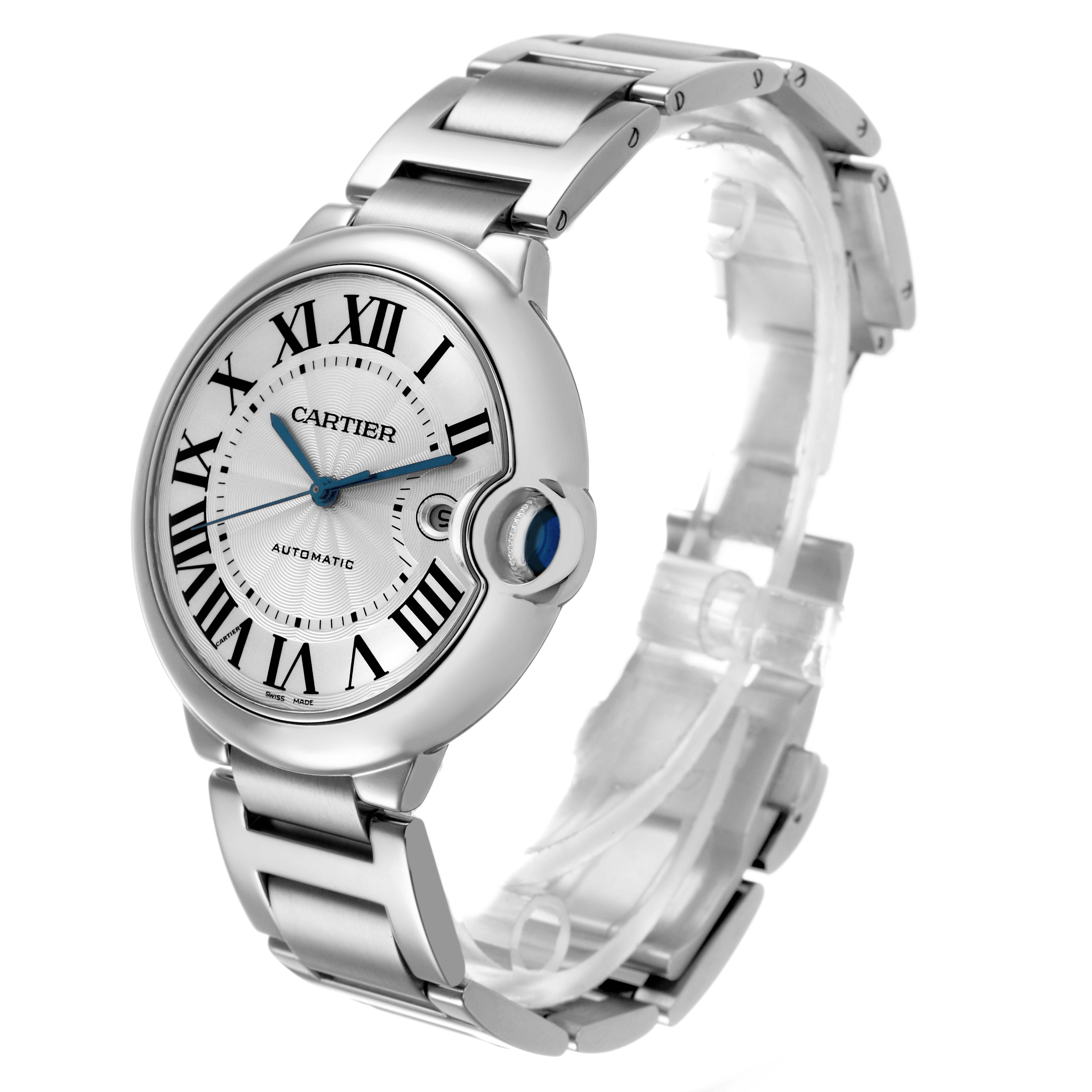 The Cartier Ballon Bleu W69012Z4 Men's Stainless Steel Silver Dial watch is shown at a three-quarter angle, displaying its round face, Roman numerals, and metal bracelet.