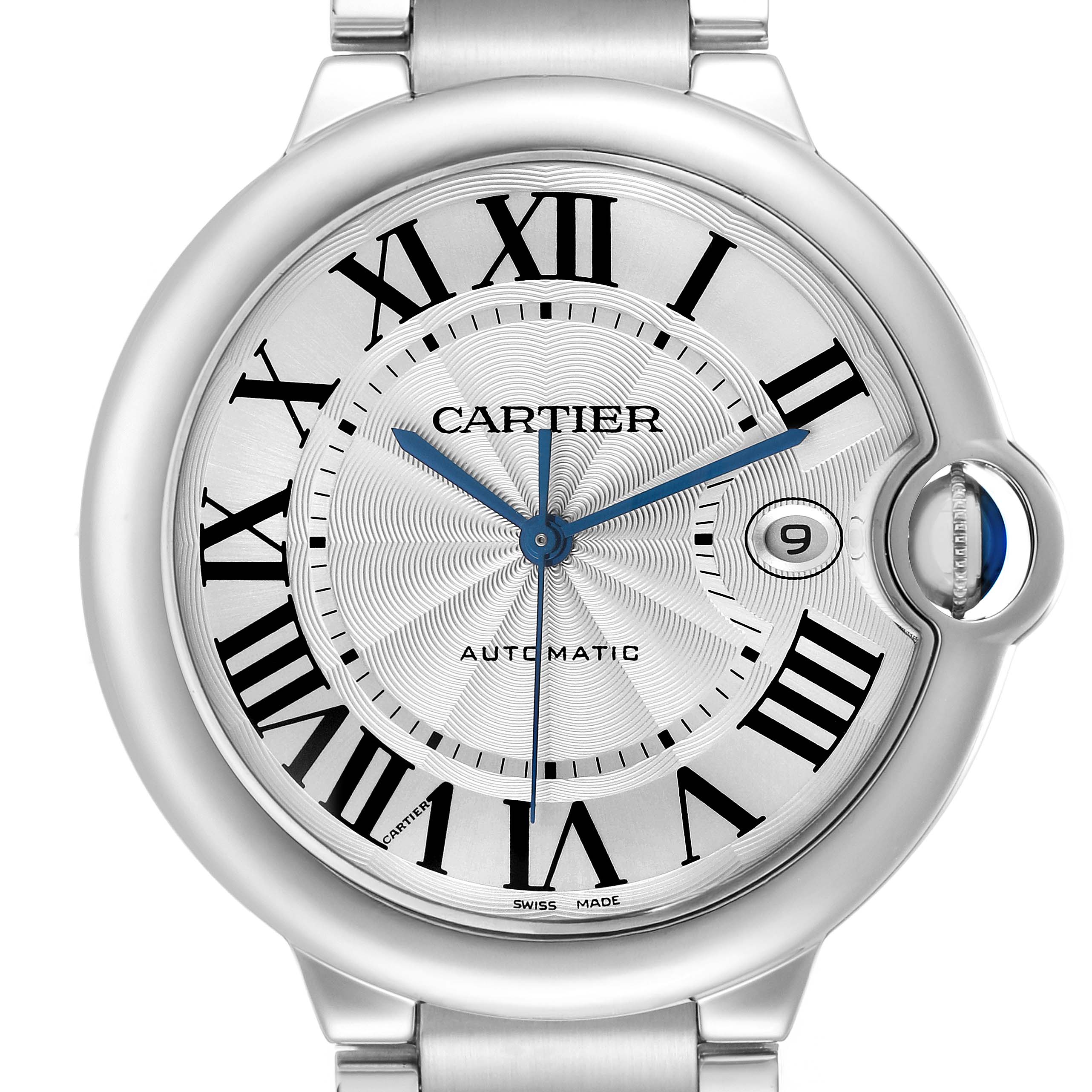 The image shows a close-up of the dial and bezel of a Cartier Ballon Bleu W69012Z4 Men's Stainless Steel Silver Dial watch, featuring Roman numerals and a visible crown.
