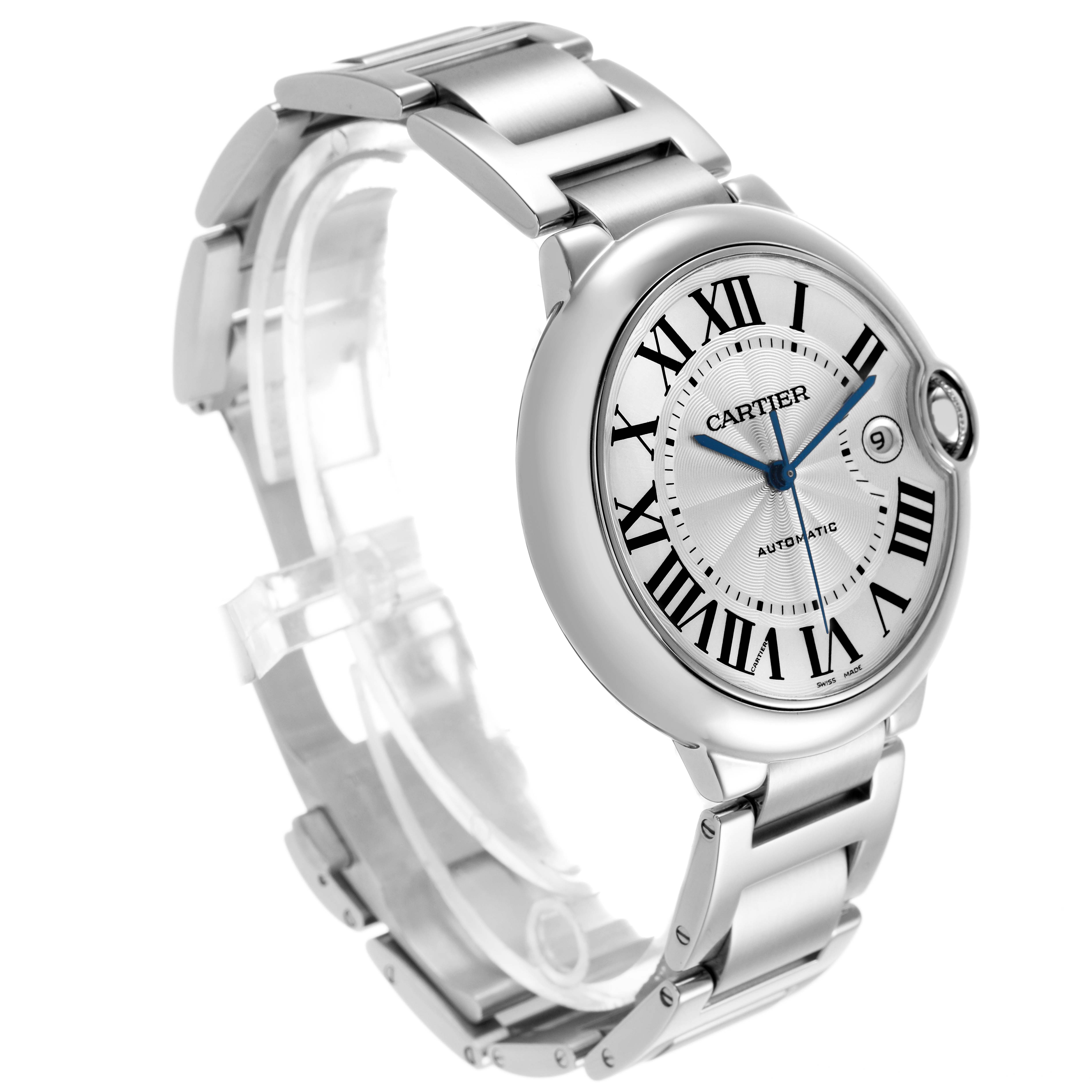 The Cartier Ballon Bleu W69012Z4 Men's Stainless Steel Silver Dial watch is shown at an angled view, displaying its face, Roman numerals, blue hands, and part of the bracelet.