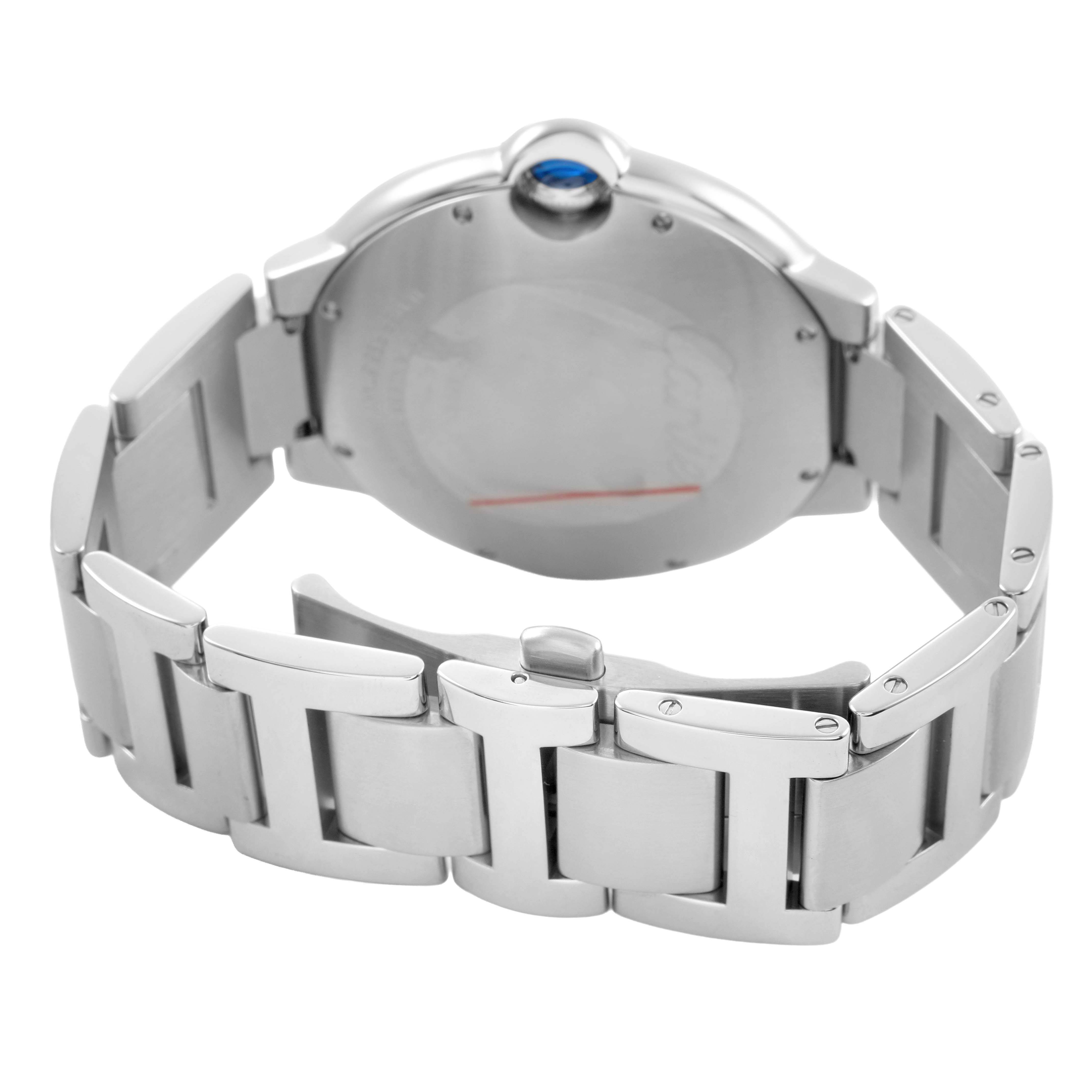 The image shows the back and bracelet of a Cartier Ballon Bleu W69012Z4 Men's Stainless Steel Silver Dial watch, displaying the clasp and caseback details.