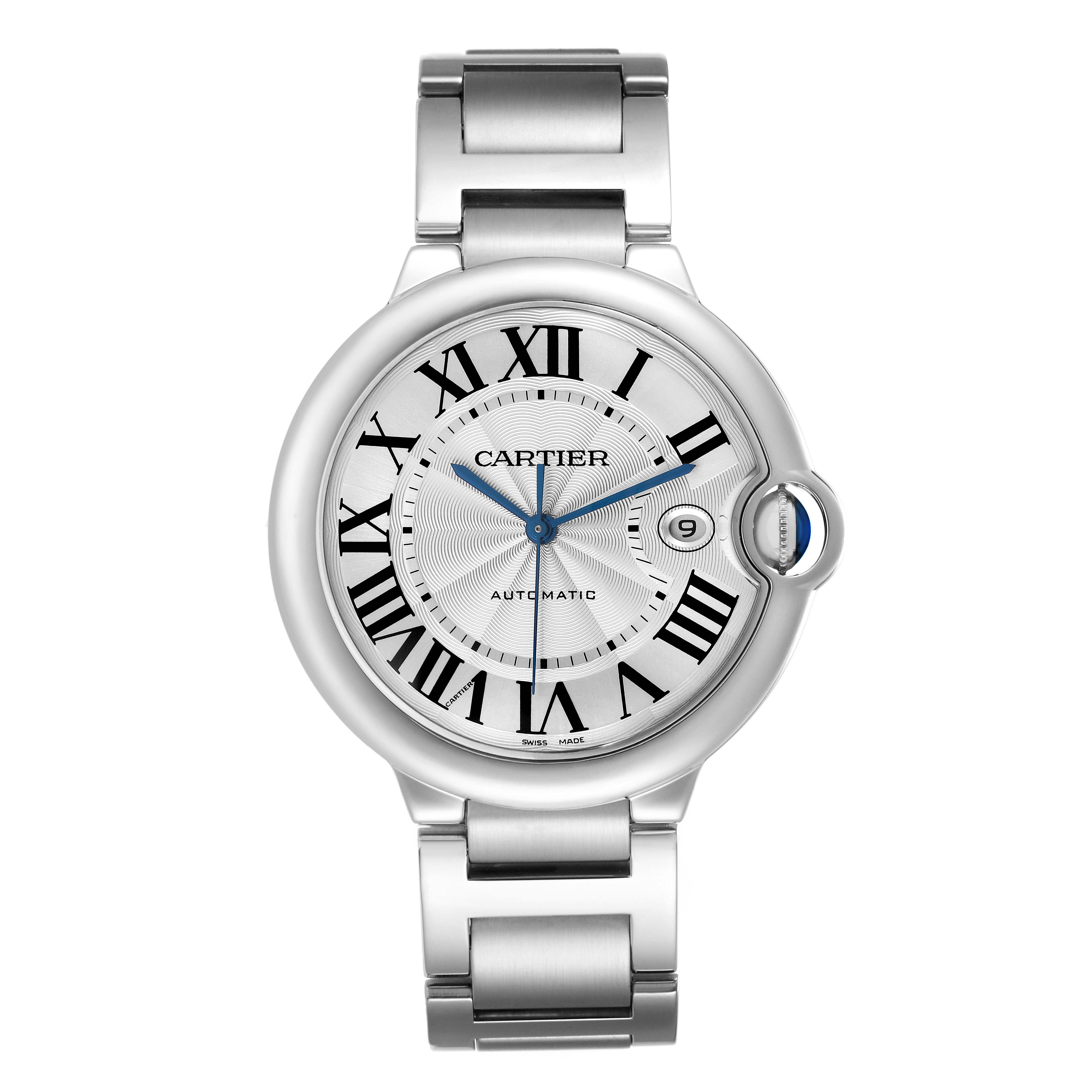 The Cartier Ballon Bleu W69012Z4 Men's Stainless Steel Silver Dial watch is shown from the front, displaying its dial, case, crown, and bracelet.