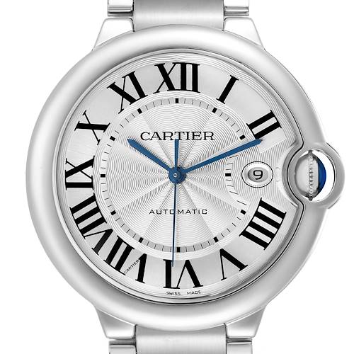The Cartier Ballon Bleu W69012Z4 Men's Stainless Steel Silver Dial watch is shown from the front, displaying its face, Roman numerals, hands, and unique crown design.