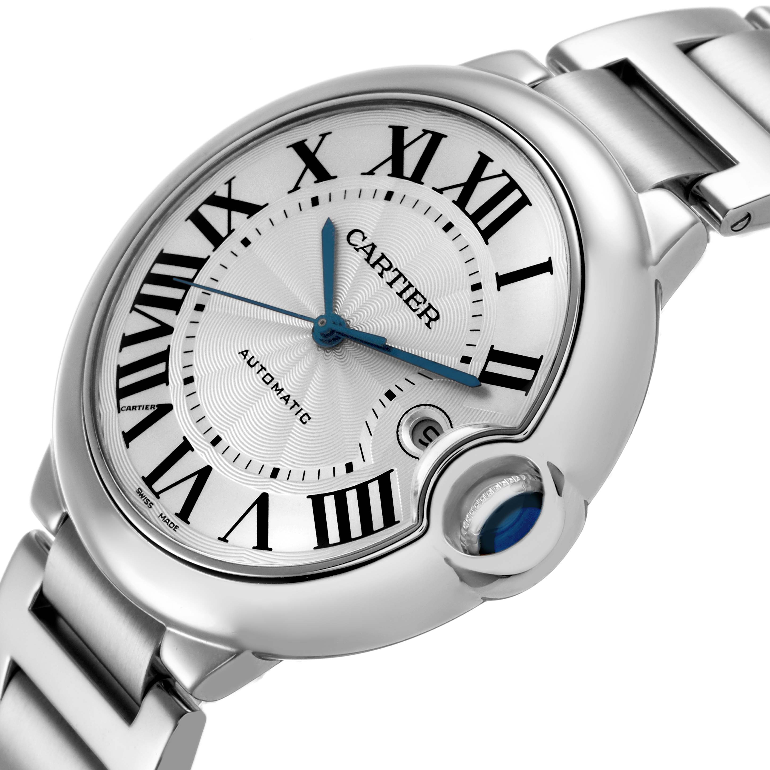 The Cartier Ballon Bleu W69012Z4 Men's Stainless Steel Silver Dial watch is shown at an angled view, highlighting the face, crown, and part of the bracelet.