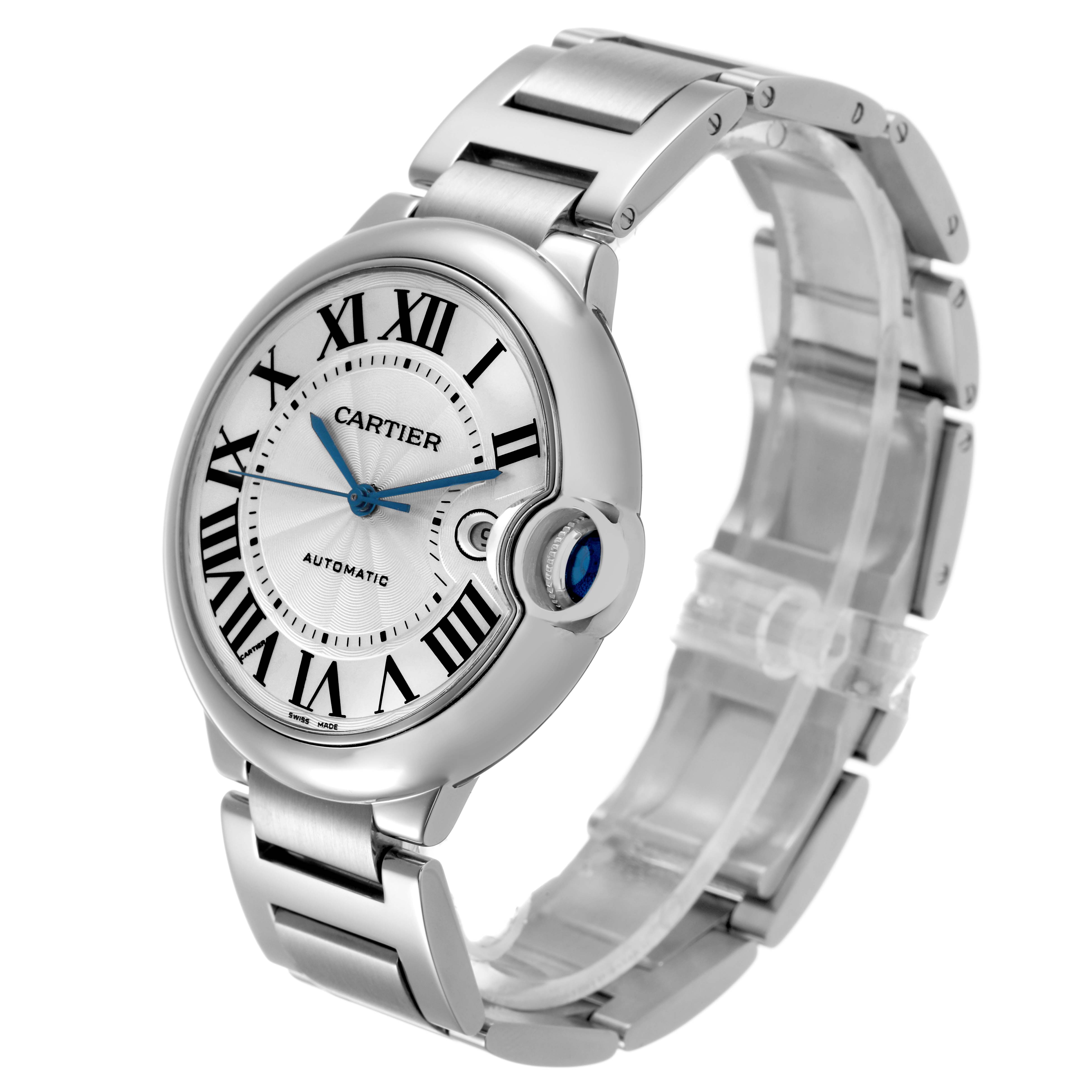 The Cartier Ballon Bleu W69012Z4 Men's Stainless Steel Silver Dial watch is shown at a three-quarter angle, displaying the dial, bezel, and stainless steel bracelet.