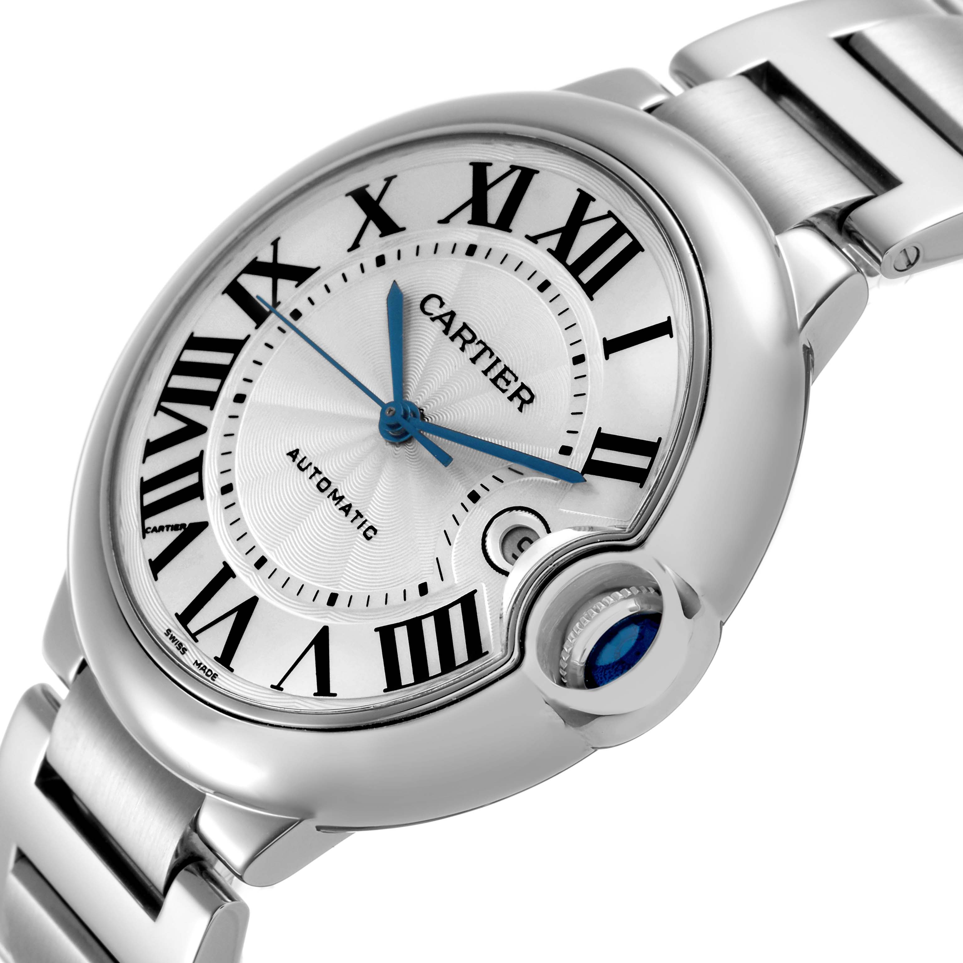 The Cartier Ballon Bleu W69012Z4 Men's Stainless Steel Silver Dial watch is shown from a close-up angle, highlighting the dial, hands, and crown with its signature cabochon.