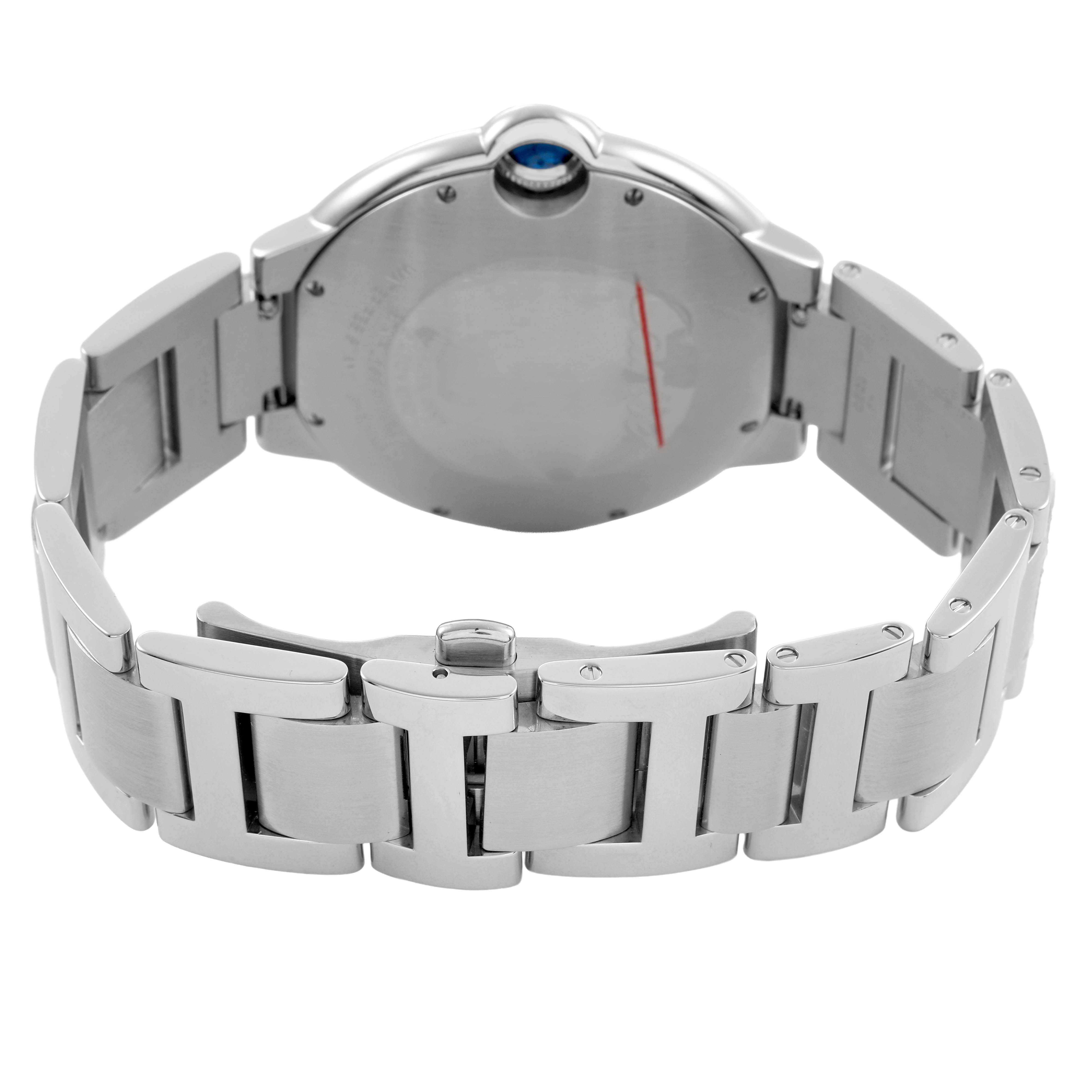 The image shows the back view of a Cartier Ballon Bleu W69012Z4 Men's Stainless Steel Silver Dial watch, highlighting the bracelet and clasp.