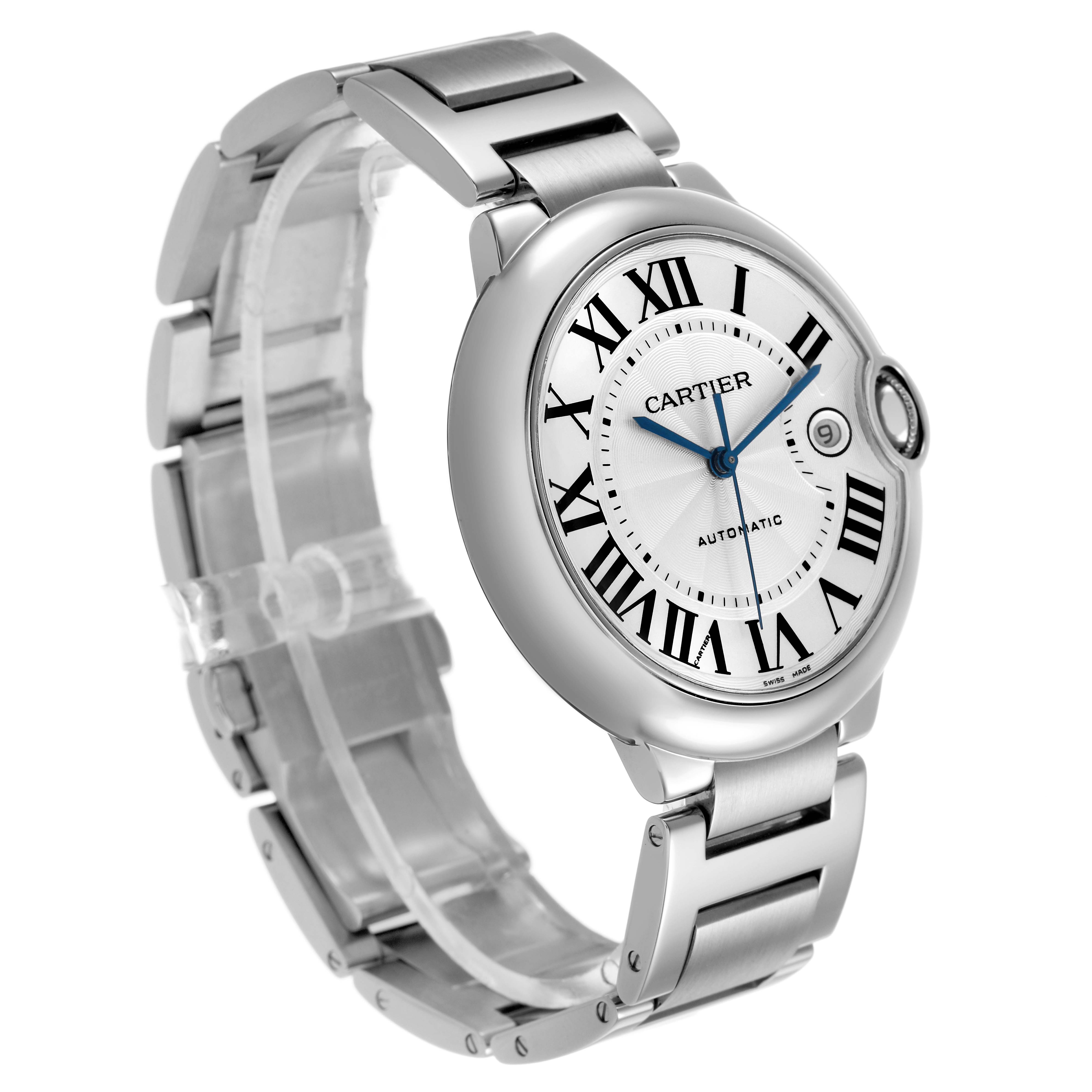 The Cartier Ballon Bleu W69012Z4 Men's Stainless Steel Silver Dial watch is shown at a three-quarter angle, highlighting its dial, Roman numerals, blue hands, and bracelet.