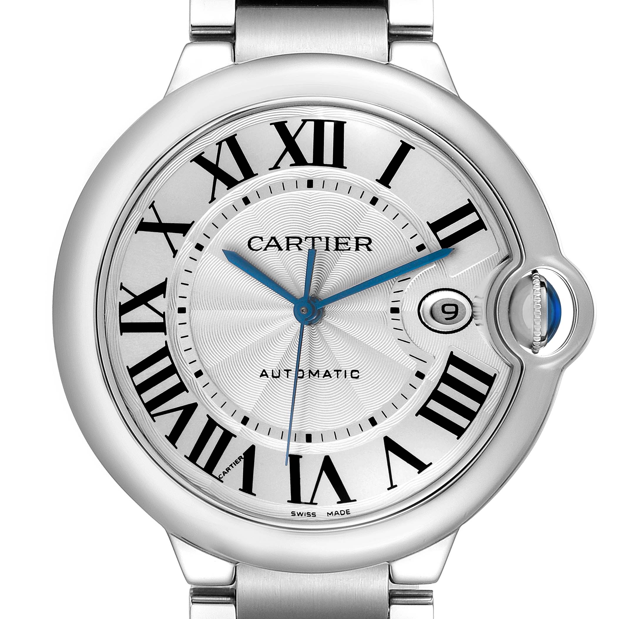 The image shows a Cartier Ballon Bleu W69012Z4 Men's Stainless Steel Silver Dial watch face-on, highlighting its Roman numerals, blue hands, date window, and distinctive crown.