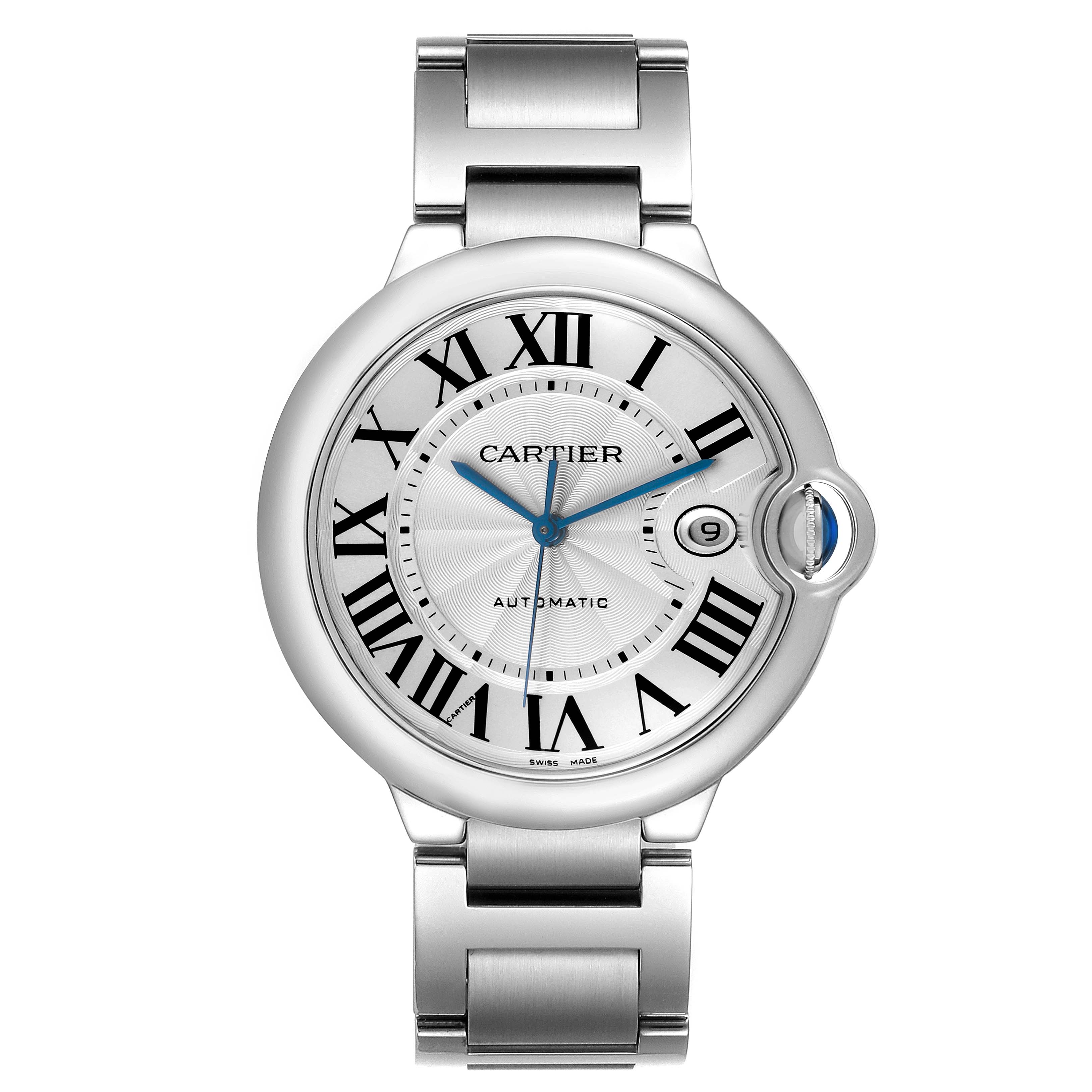 The Cartier Ballon Bleu W69012Z4 Men's Stainless Steel Silver Dial watch is shown from a front perspective, highlighting the face, dial, and bracelet.
