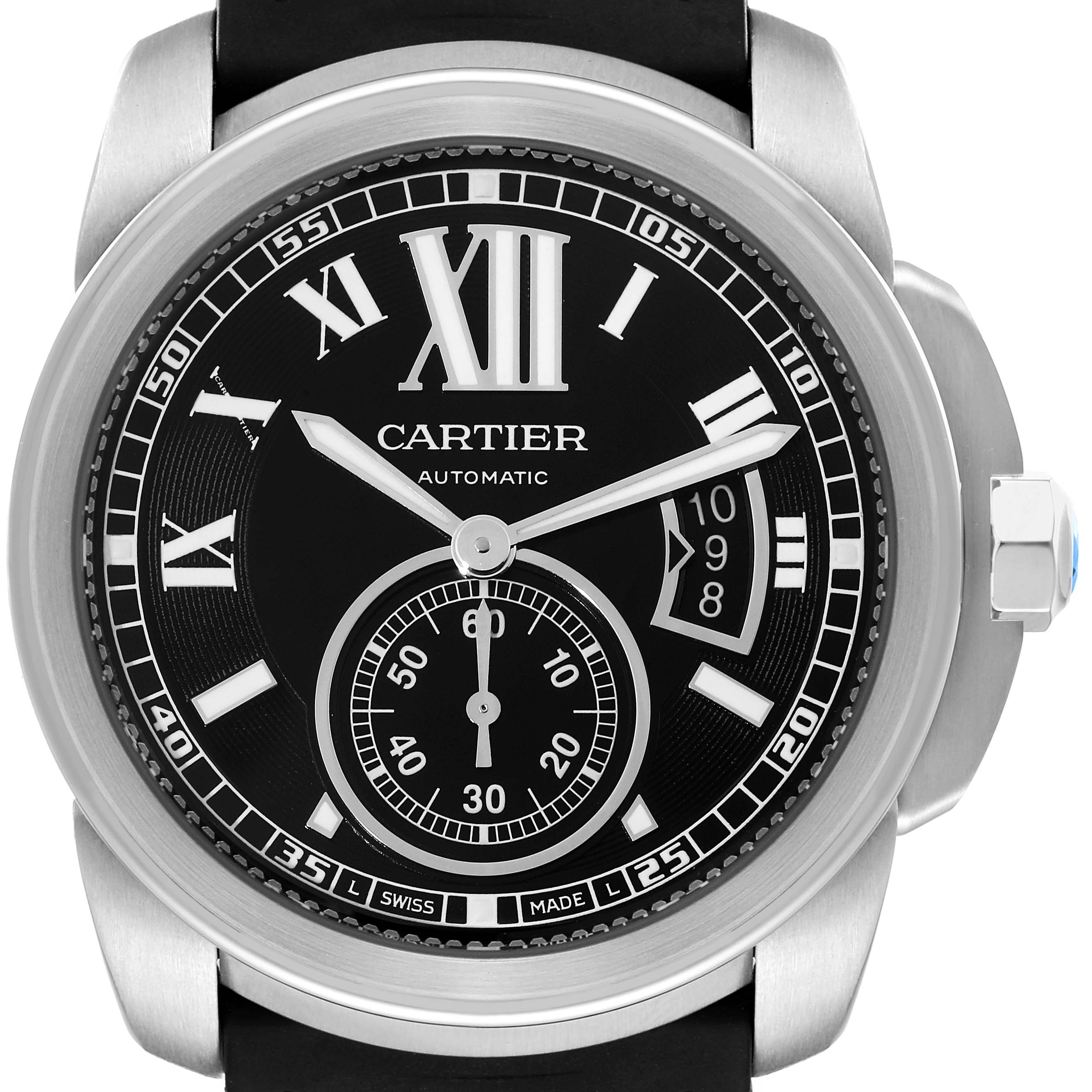 The image shows the front view of a Calibre de Cartier watch by Cartier, highlighting the dial and bezel.