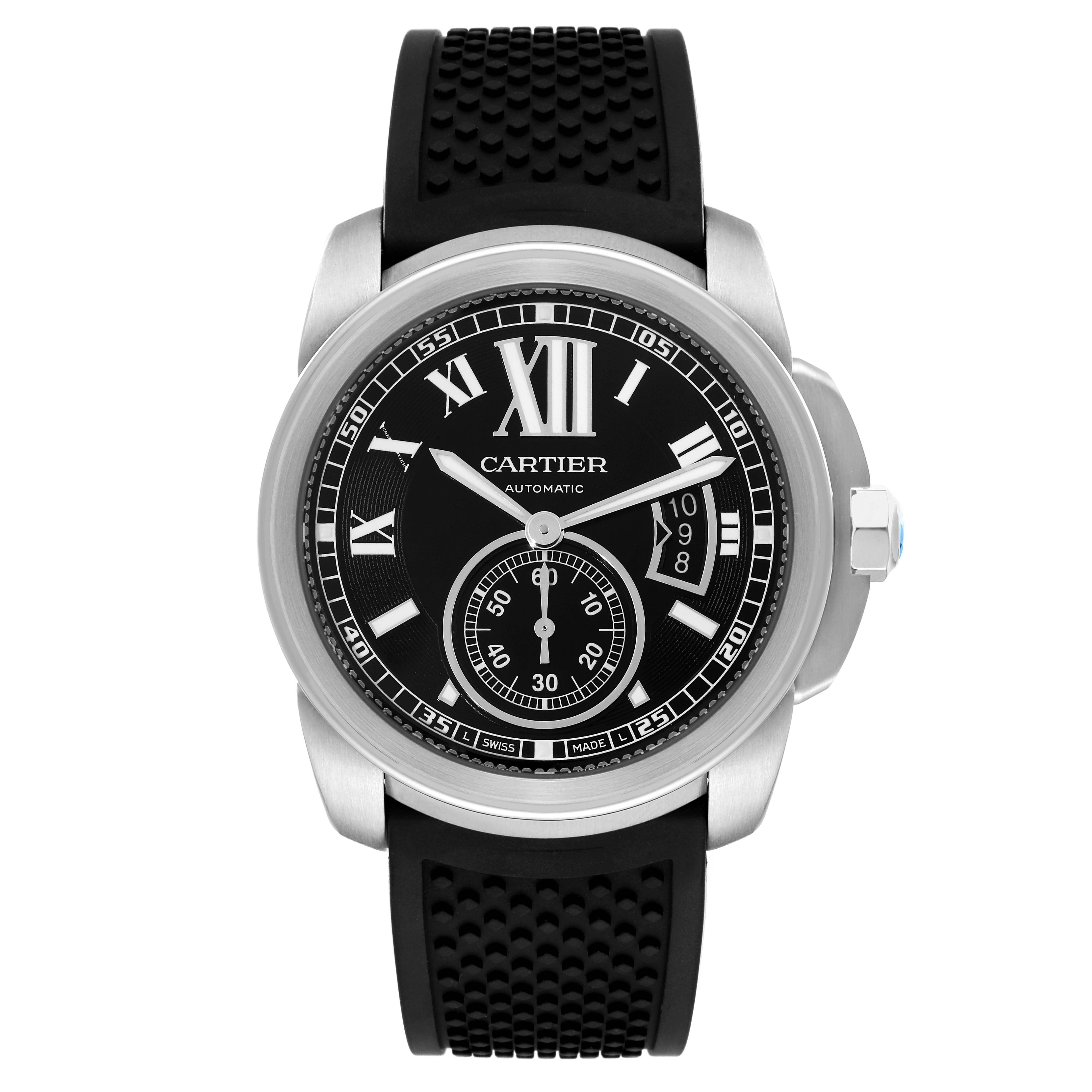 The image shows a front view of a Calibre de Cartier watch by Cartier, highlighting the dial, hands, and rubber strap.