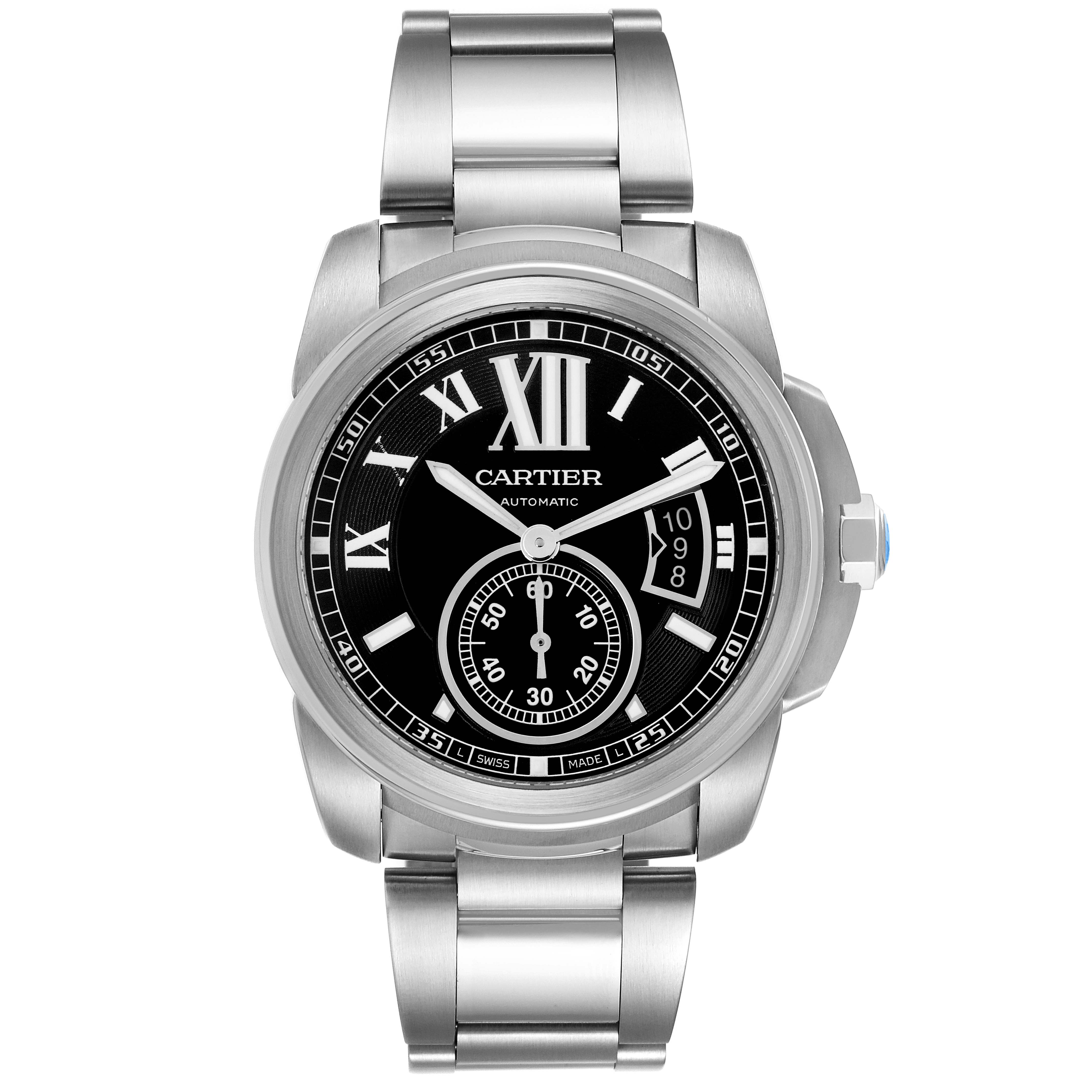 The Calibre de Cartier watch by Cartier is shown from a front angle, highlighting its face, bezel, and bracelet.