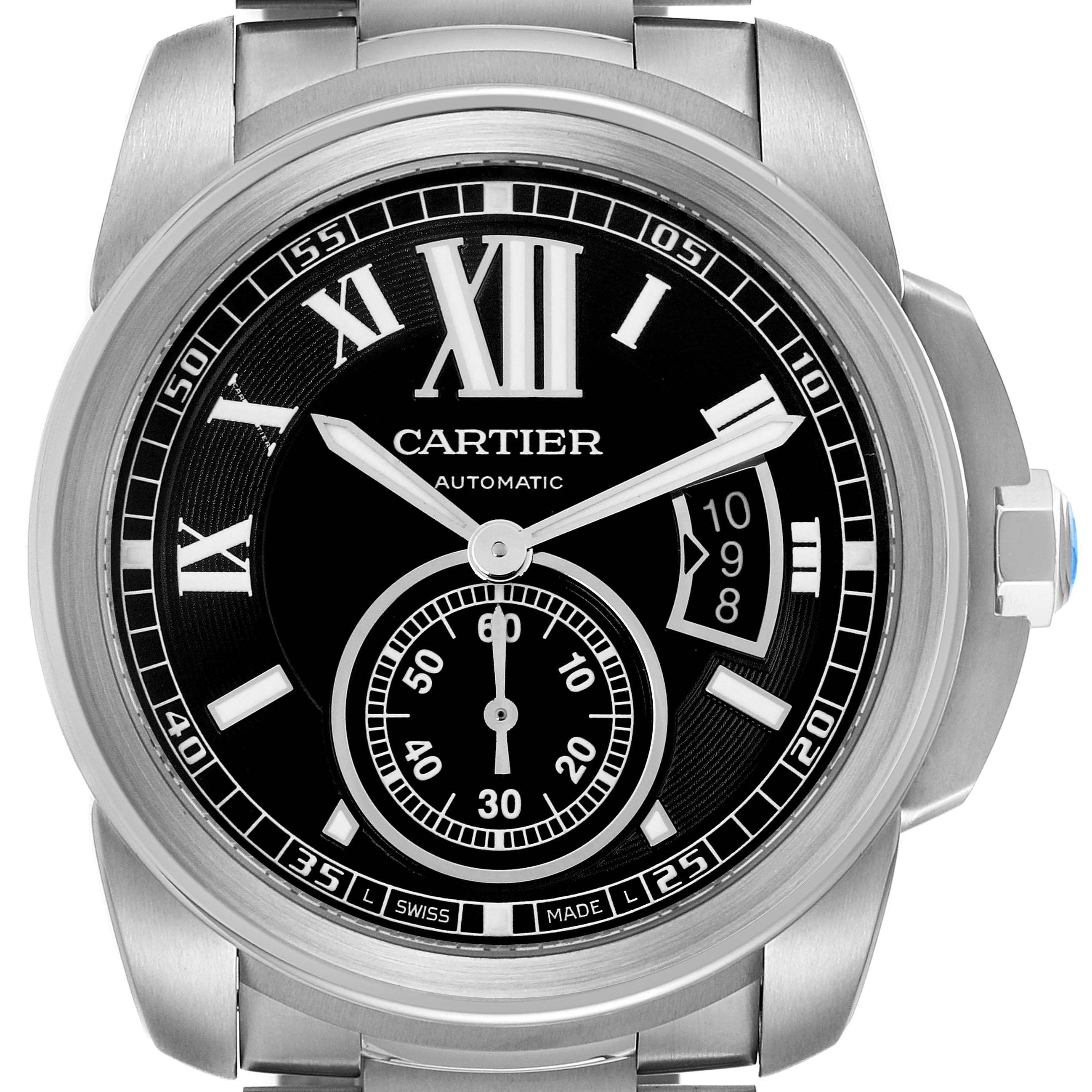 The Calibre de Cartier watch is shown from a frontal angle, displaying the dial, hands, crown, and part of the bracelet.