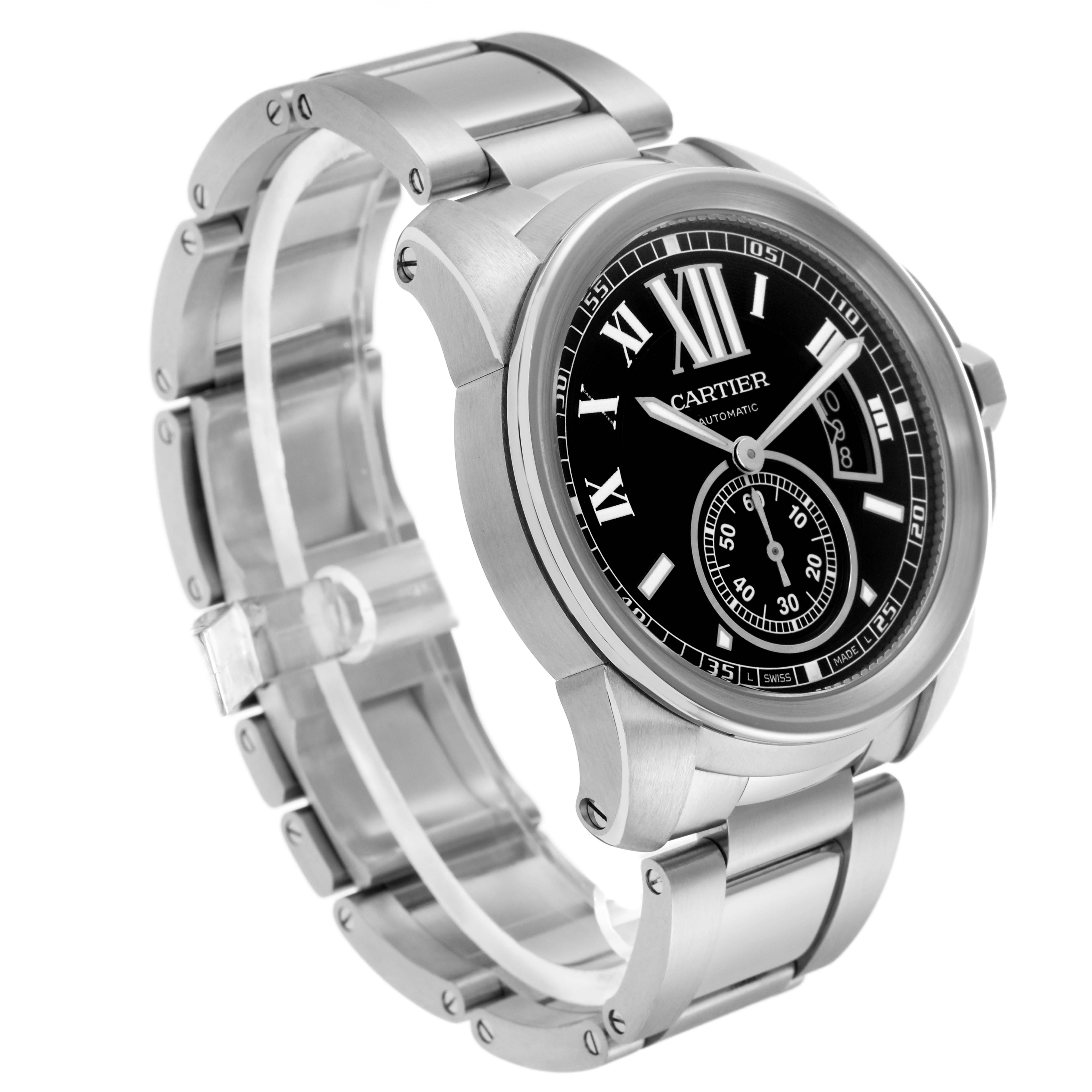 The Calibre de Cartier watch is shown at a slight angle, highlighting its face, bracelet, and side profile.