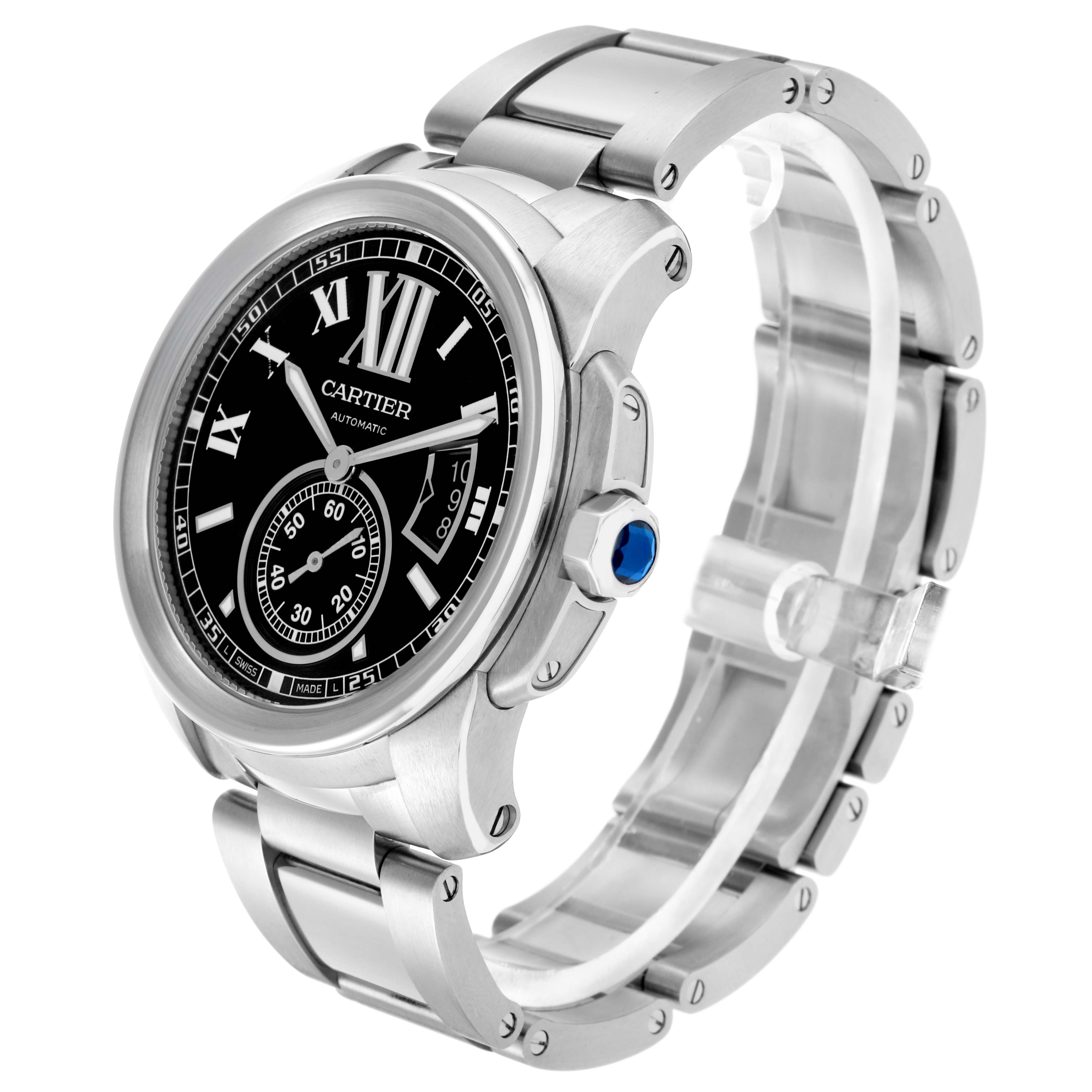 The Calibre de Cartier watch is shown at a three-quarter angle, displaying its face, crown, and bracelet.