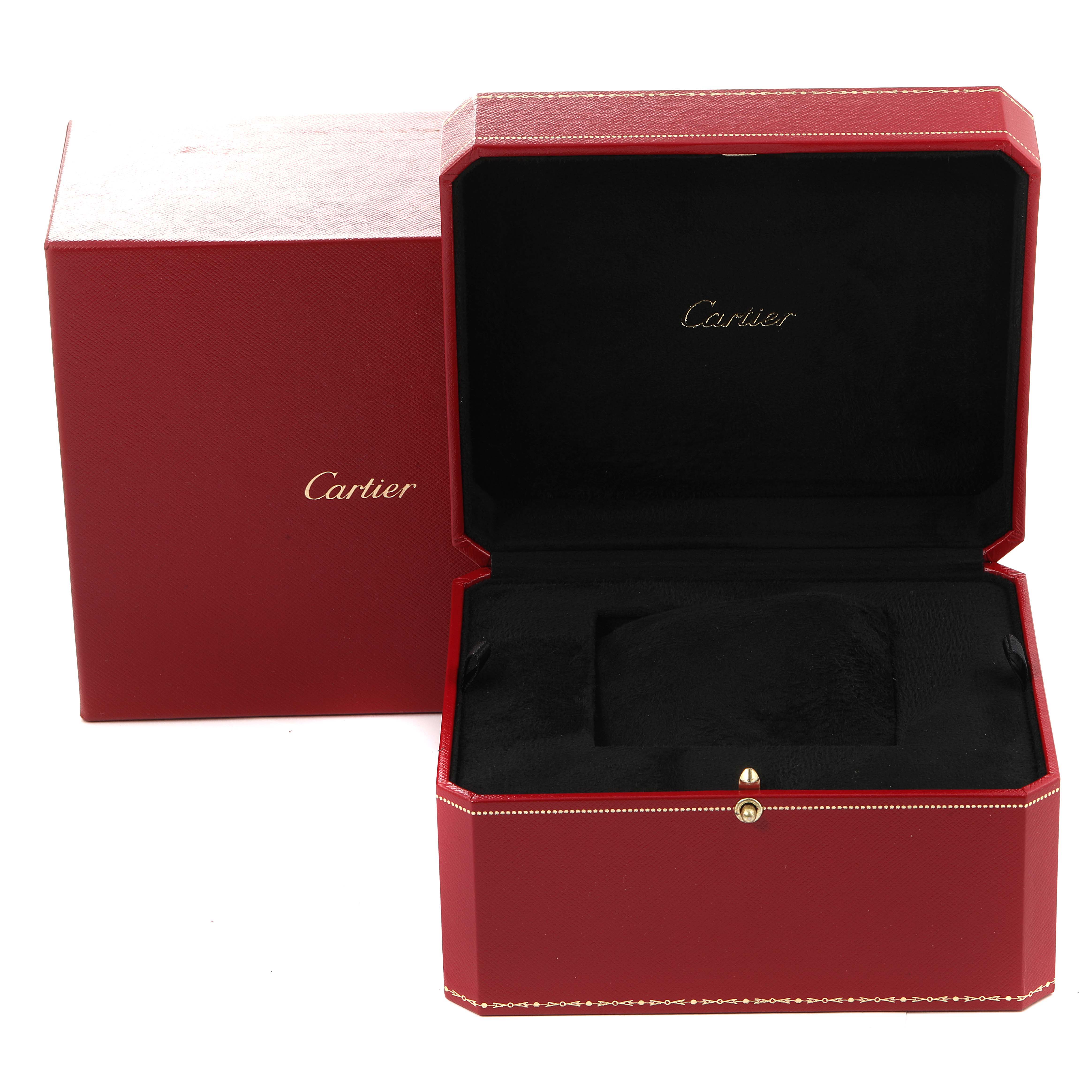 The image shows a red watch box for the Drive de Cartier model by Cartier, featuring an open and closed view.