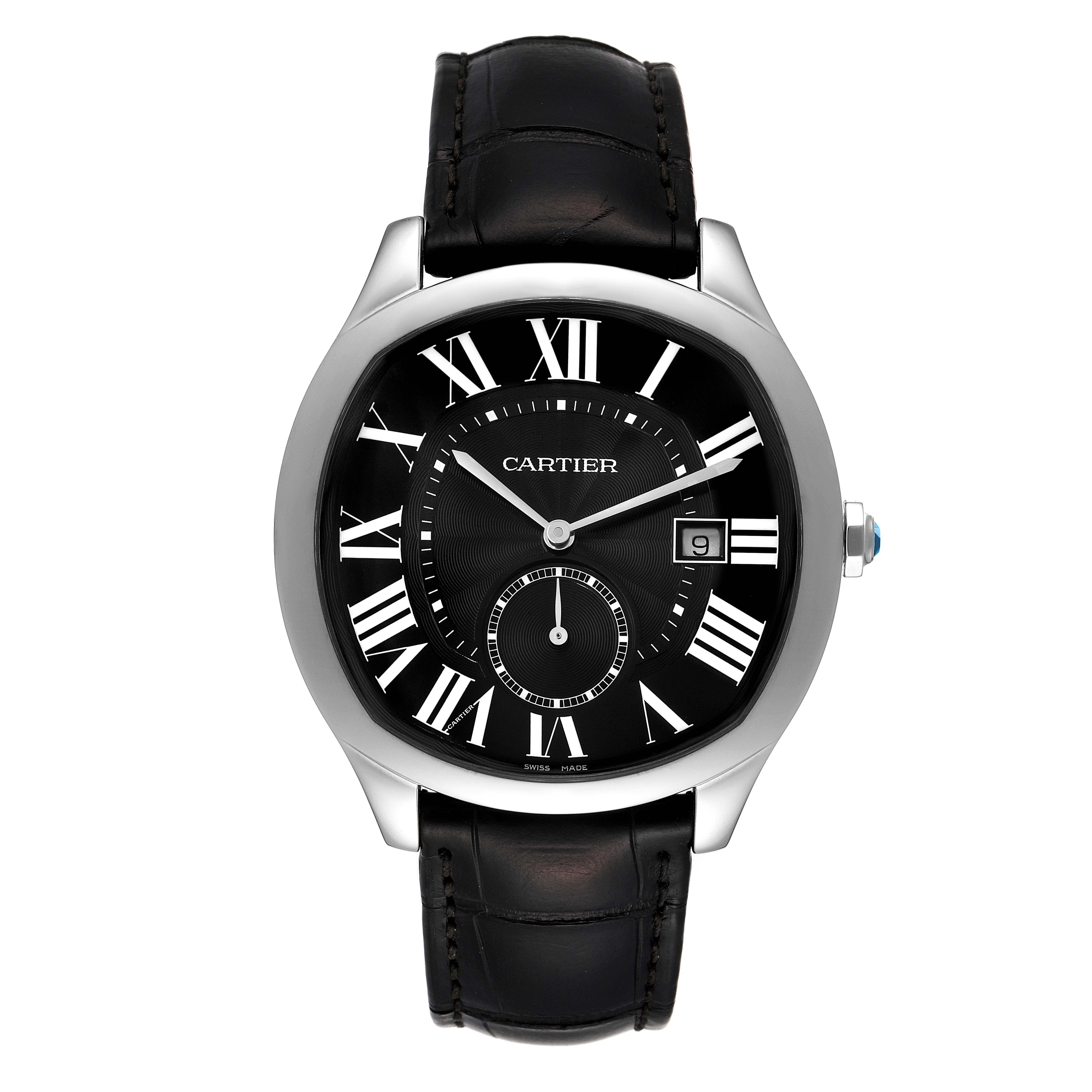 The image shows a front view of a Drive de Cartier model by Cartier, displaying its dial, date window, and black leather strap.
